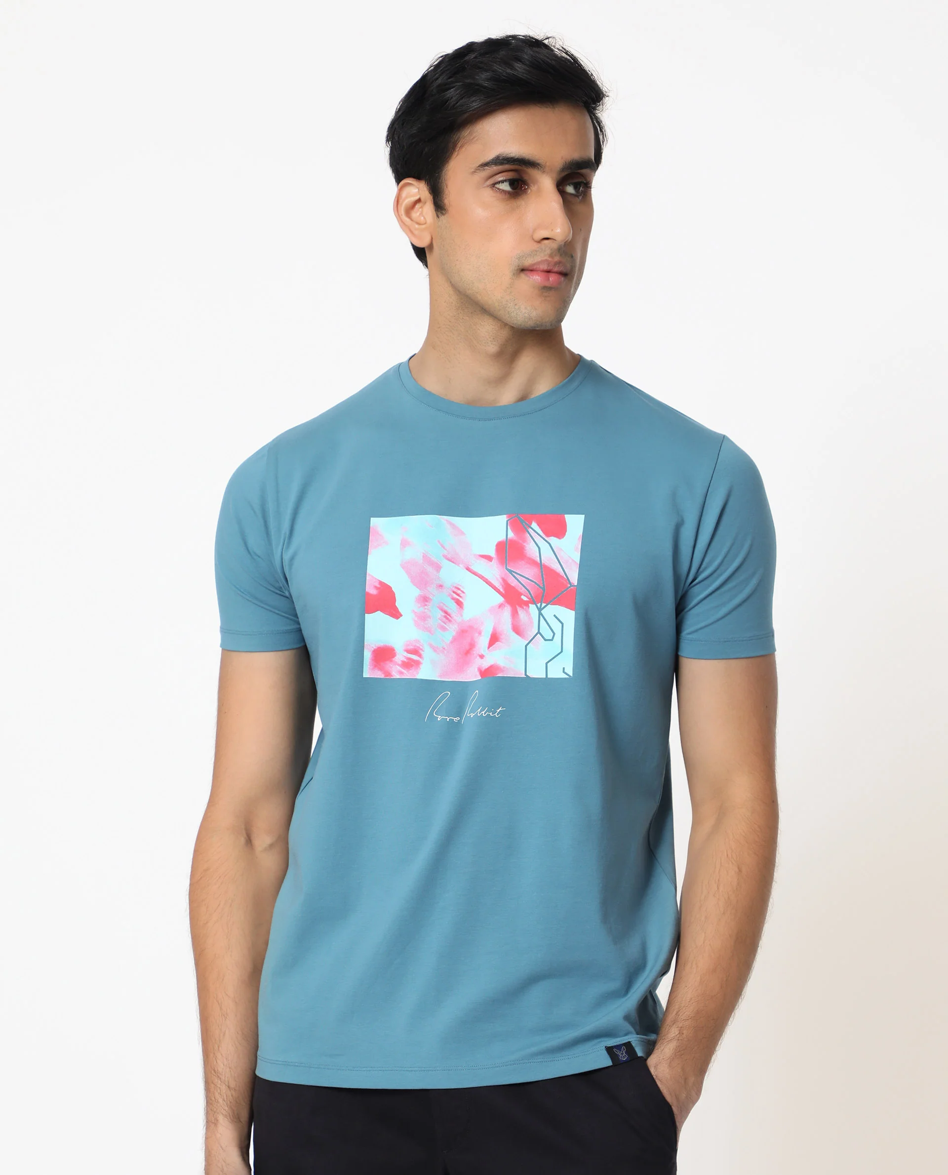 Rare Rabbit Men's Banday Blue Cotton Graphic Print Slim Fit Half Sleeve Crew Neck T-Shirt - Image 5