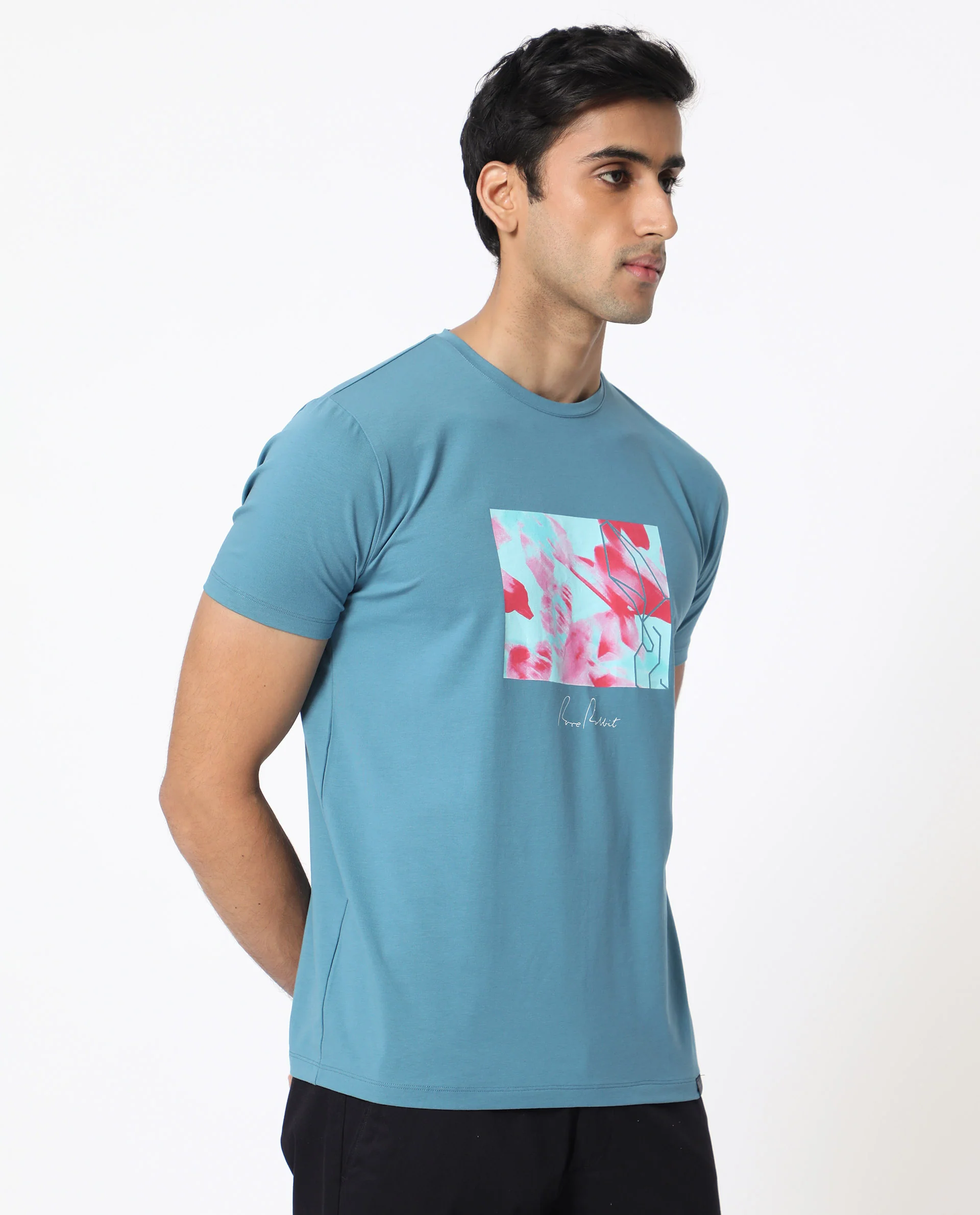 Rare Rabbit Men's Banday Blue Cotton Graphic Print Slim Fit Half Sleeve Crew Neck T-Shirt - Image 6