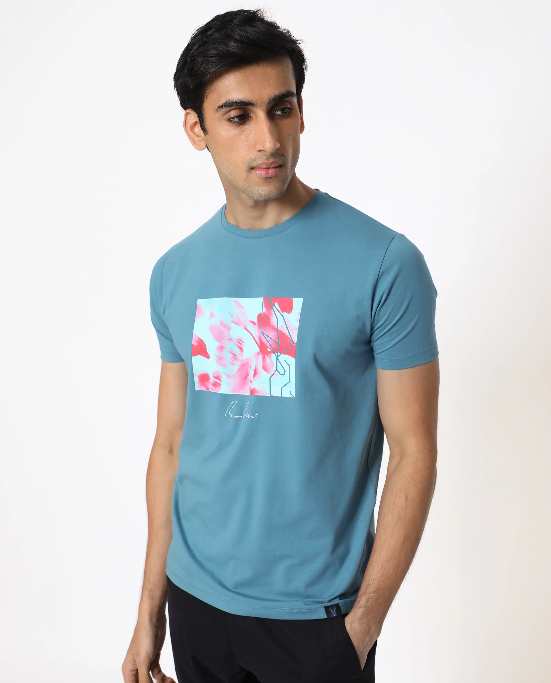 Rare Rabbit Men's Banday Blue Cotton Graphic Print Slim Fit Half Sleeve Crew Neck T-Shirt - Image 7