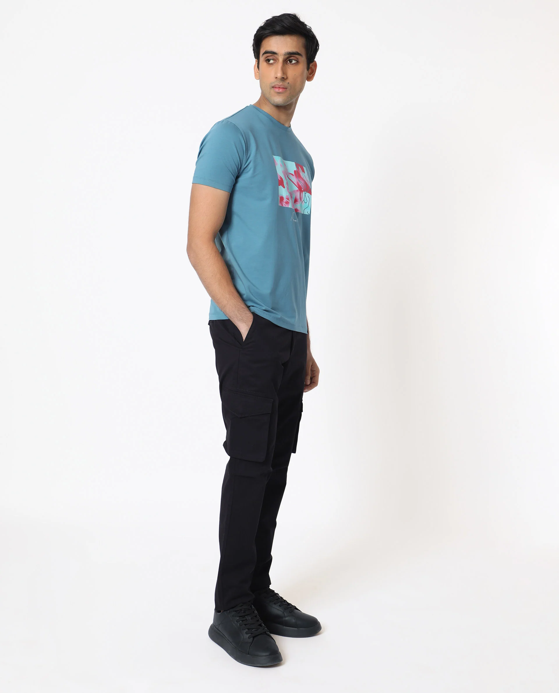 Rare Rabbit Men's Banday Blue Cotton Graphic Print Slim Fit Half Sleeve Crew Neck T-Shirt - Image 9