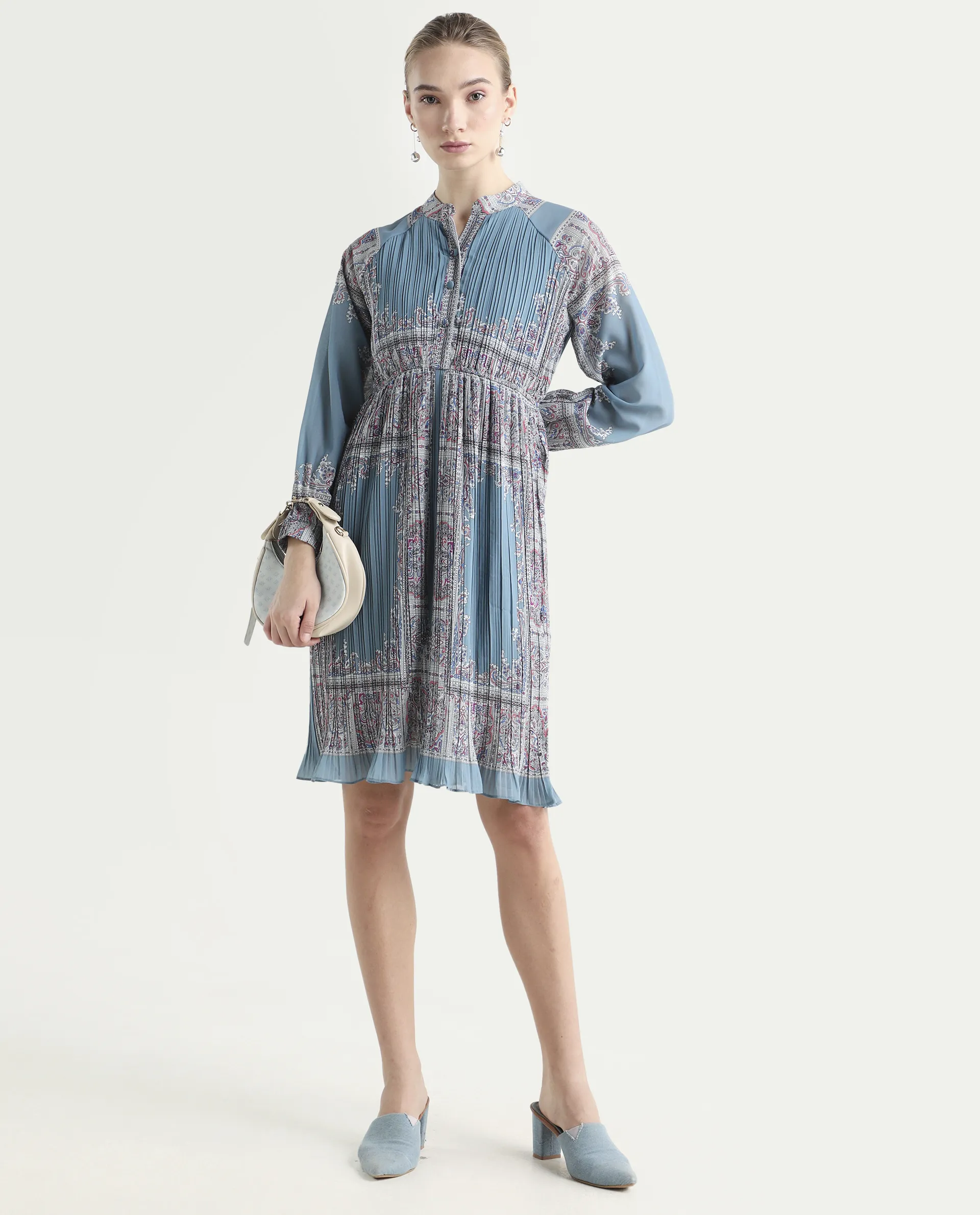 Rareism Women's Bandene Dusky Blue Polyester Mandarin Collar Bandana Print Raglan Sleeve Knee Length A-Line Dress - Image 2