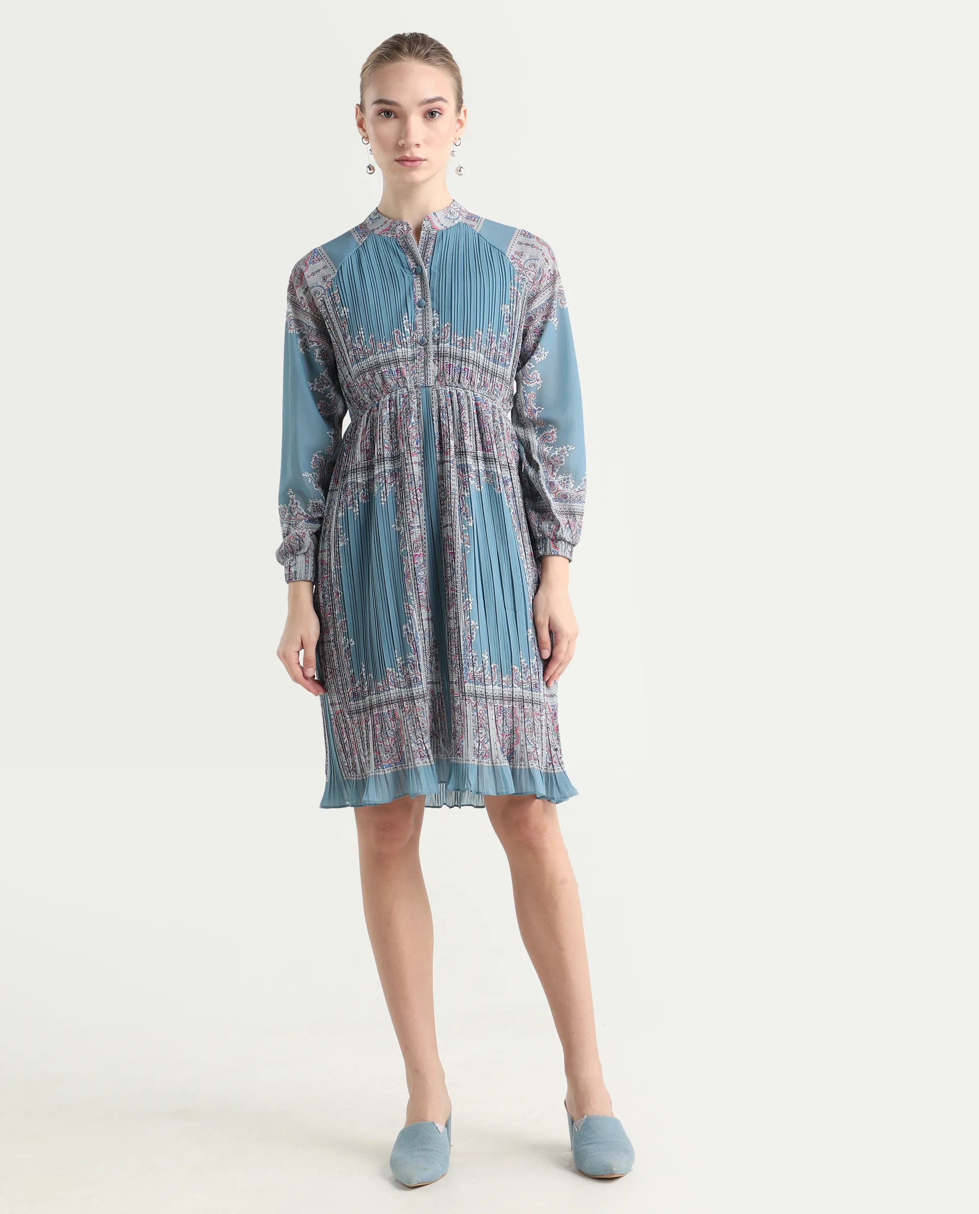 Rareism Women's Bandene Dusky Blue Polyester Mandarin Collar Bandana Print Raglan Sleeve Knee Length A-Line Dress - Image 3