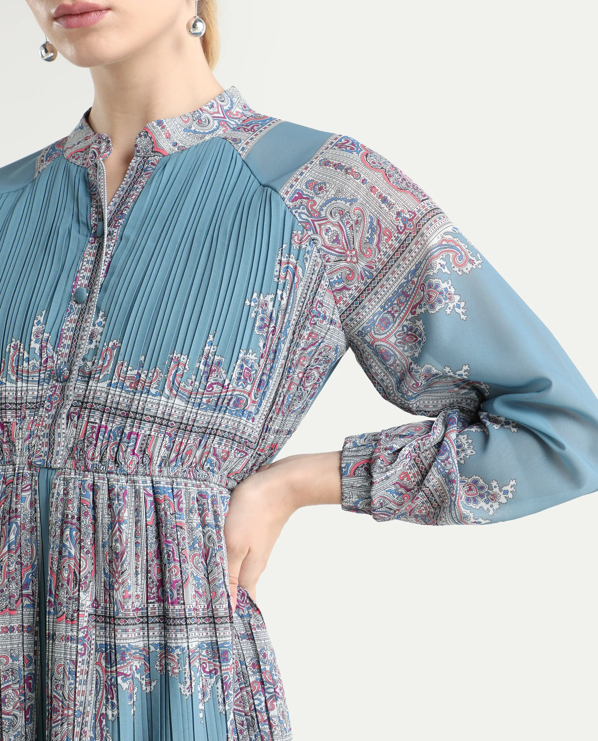 Rareism Women's Bandene Dusky Blue Polyester Mandarin Collar Bandana Print Raglan Sleeve Knee Length A-Line Dress - Image 4