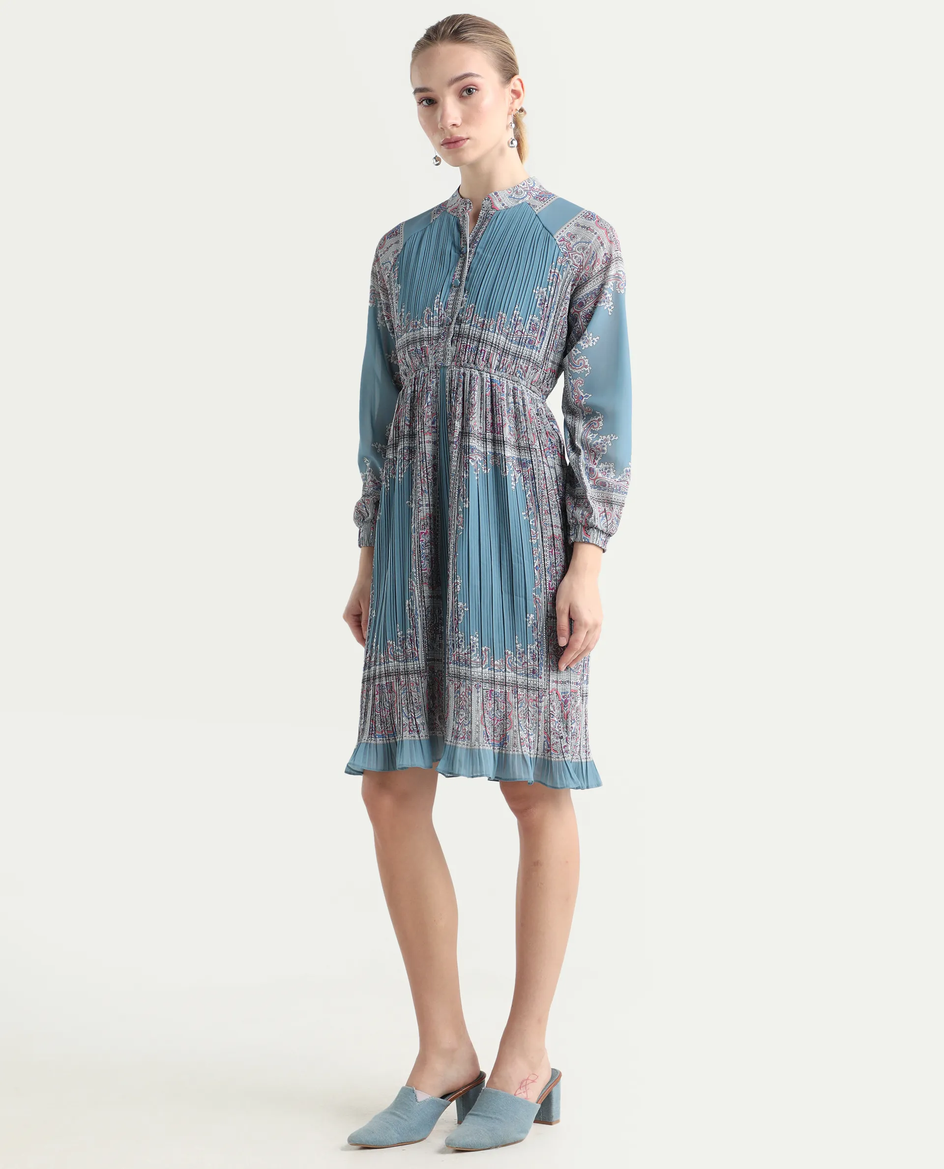 Rareism Women's Bandene Dusky Blue Polyester Mandarin Collar Bandana Print Raglan Sleeve Knee Length A-Line Dress - Image 5