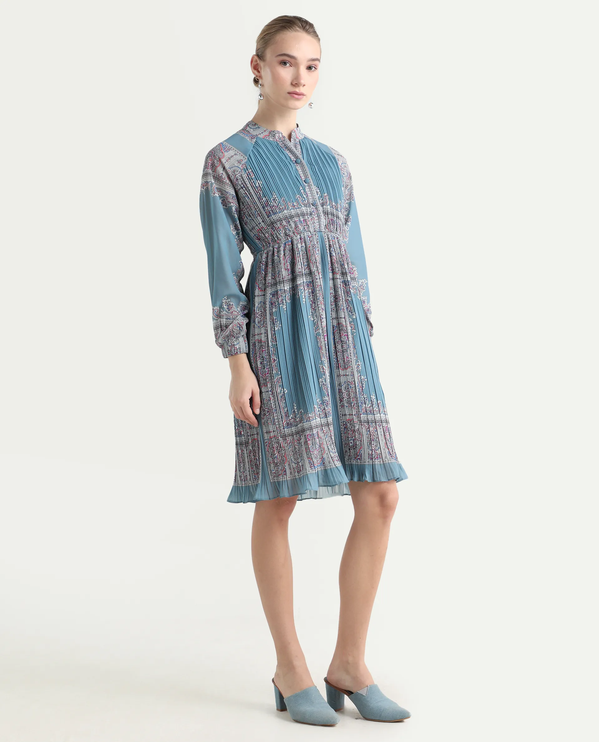 Rareism Women's Bandene Dusky Blue Polyester Mandarin Collar Bandana Print Raglan Sleeve Knee Length A-Line Dress - Image 6