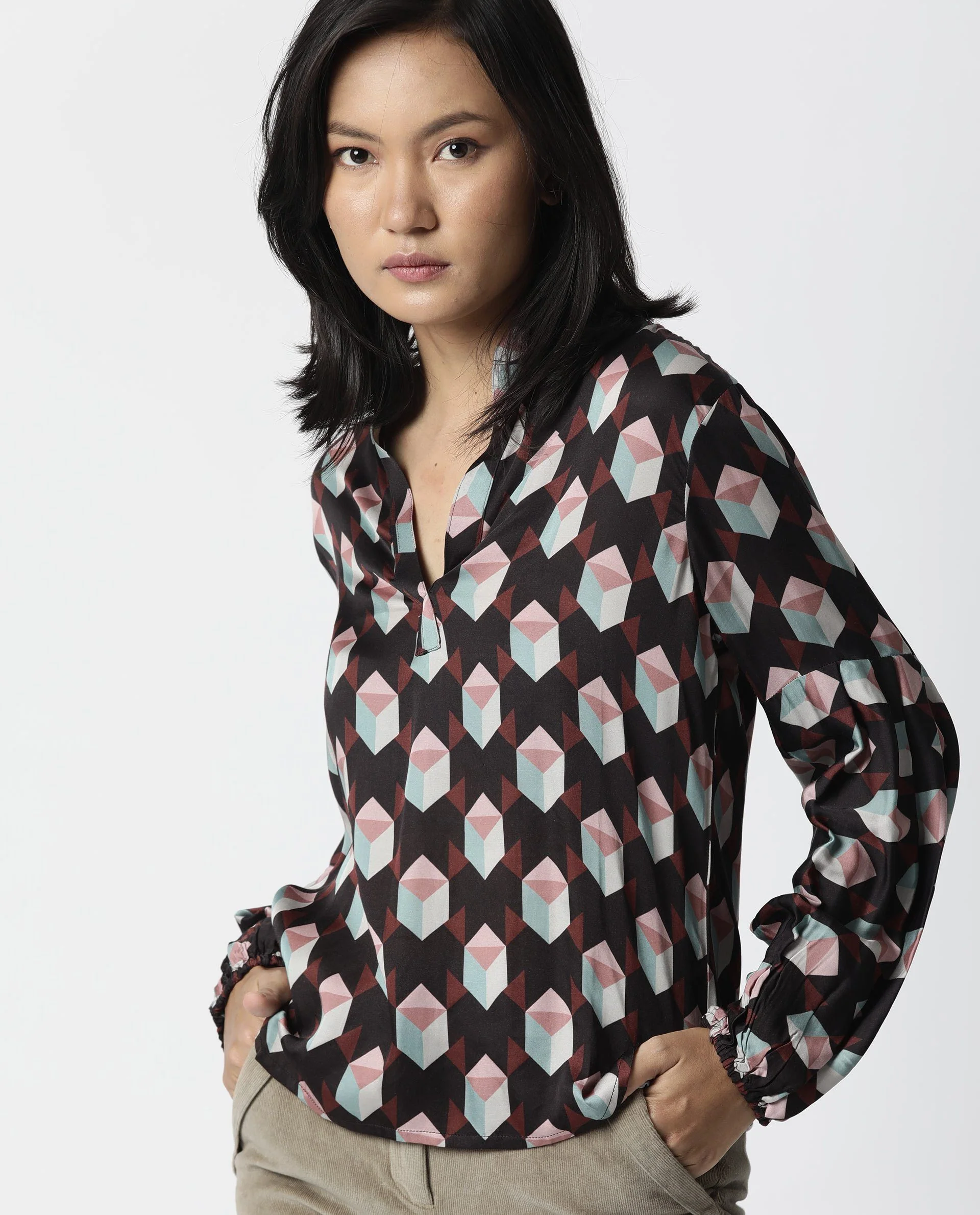 Rareism Women Bandit Brown Top Full Sleeves Printed
