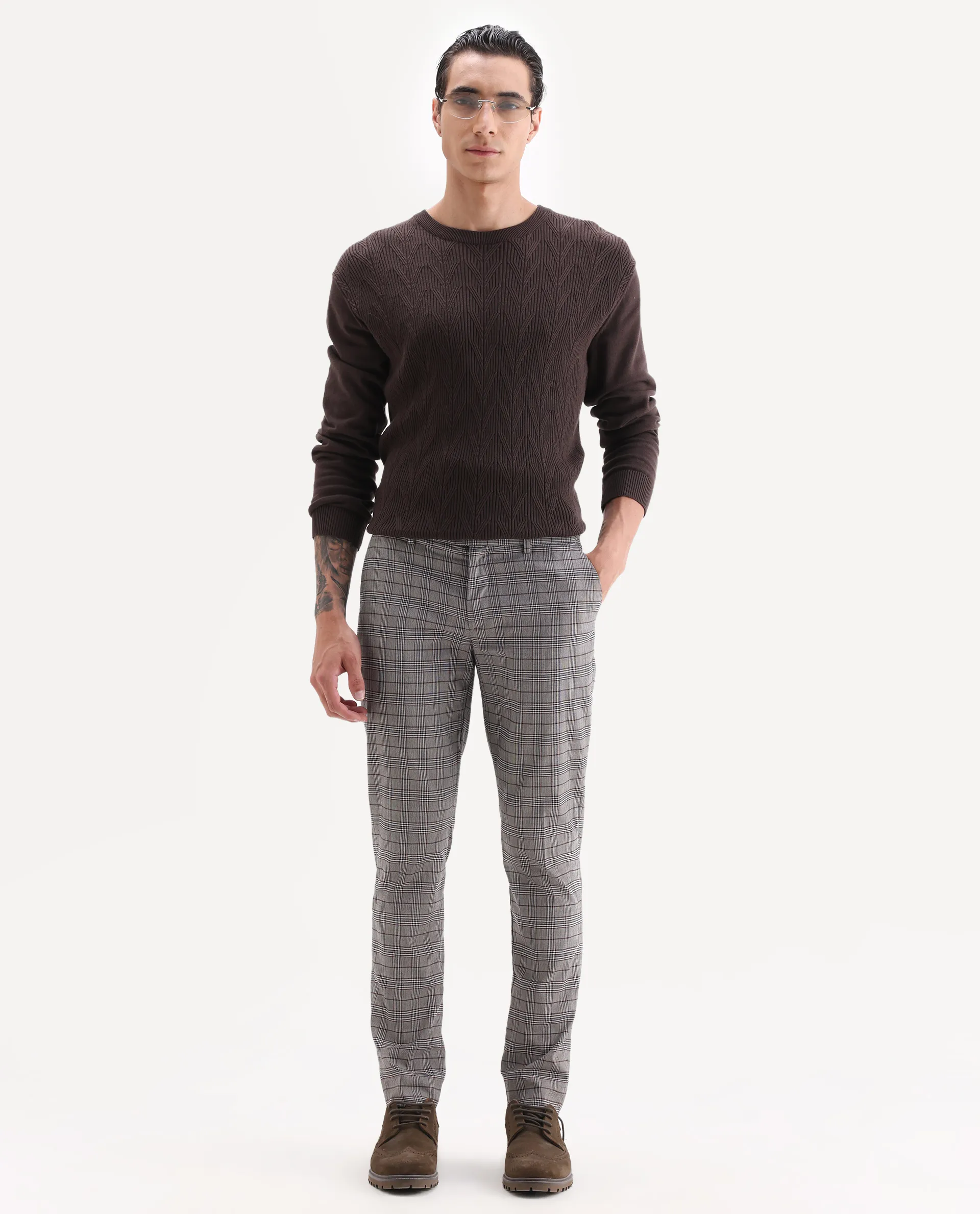 Rare Rabbit Men's Bandon Grey Cotton Blend Checked Print Regular Fit Trouser