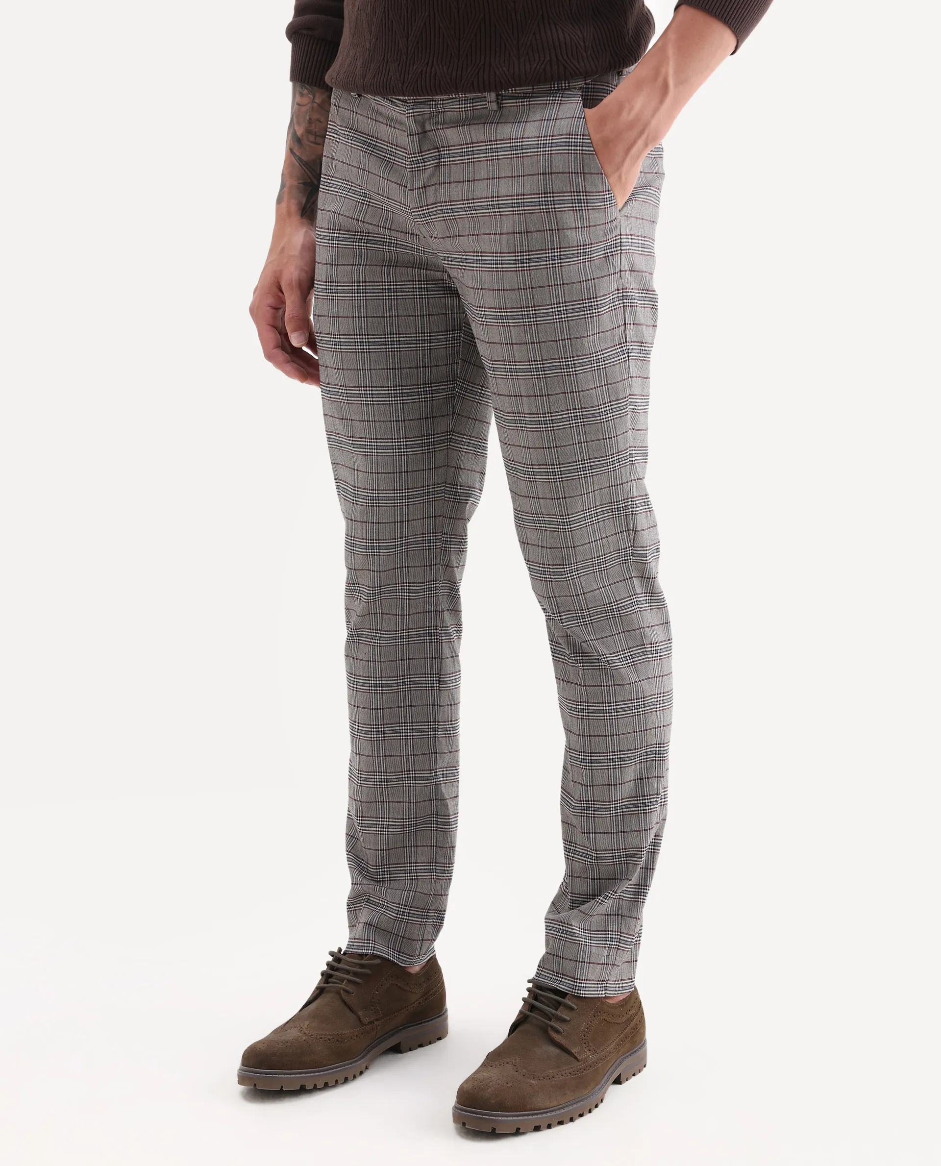 Rare Rabbit Men's Bandon Grey Cotton Blend Checked Print Regular Fit Trouser - Image 2