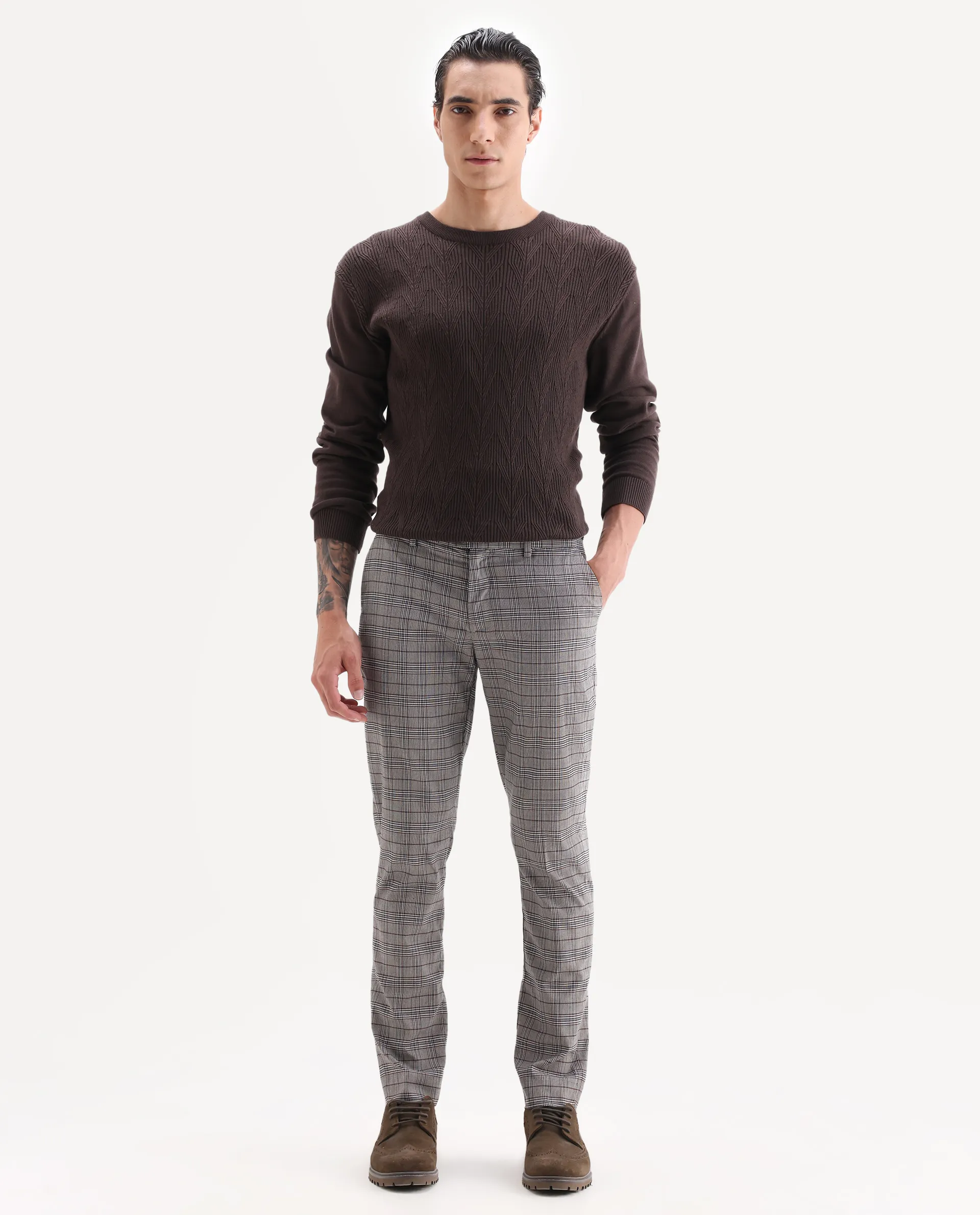 Rare Rabbit Men's Bandon Grey Cotton Blend Checked Print Regular Fit Trouser - Image 3