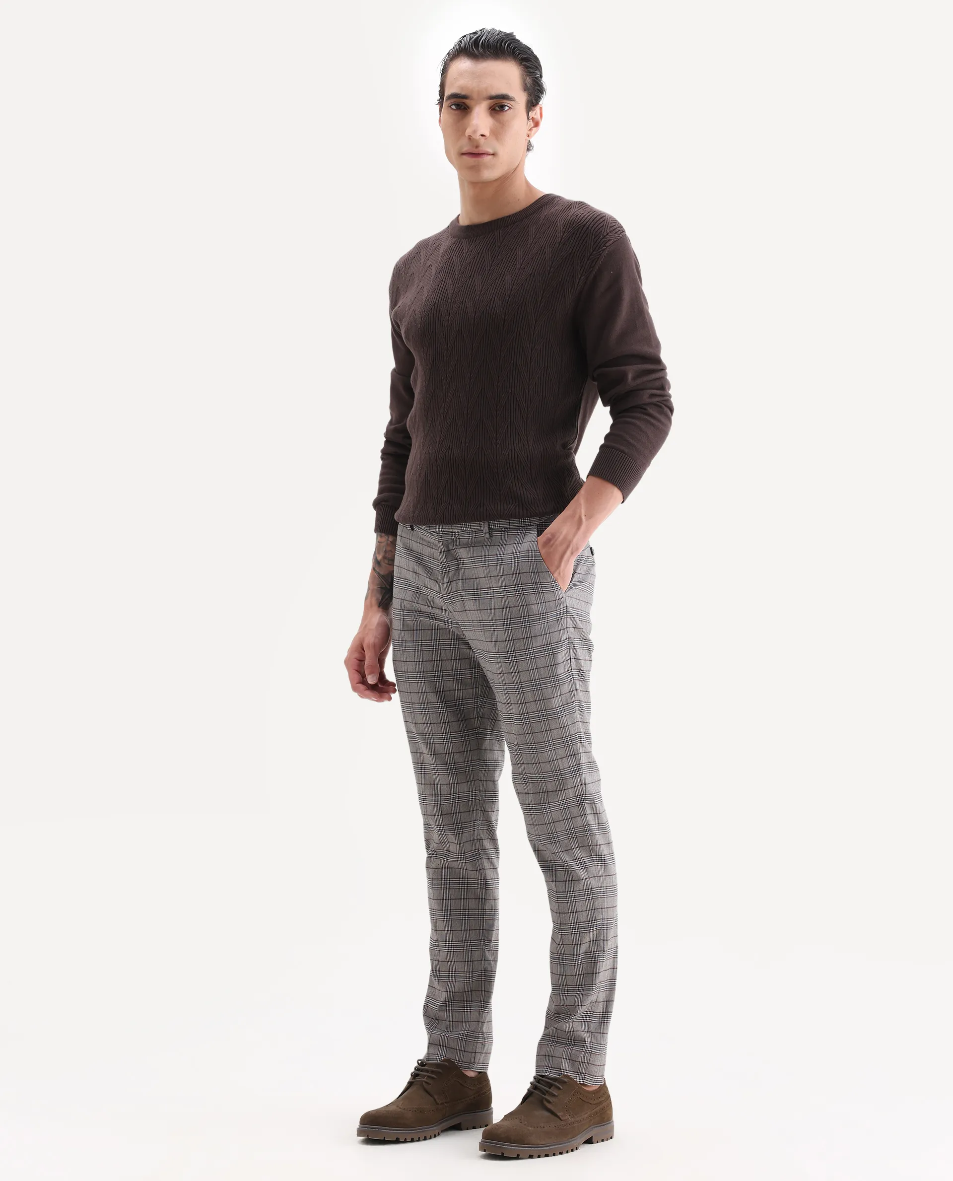 Rare Rabbit Men's Bandon Grey Cotton Blend Checked Print Regular Fit Trouser - Image 4
