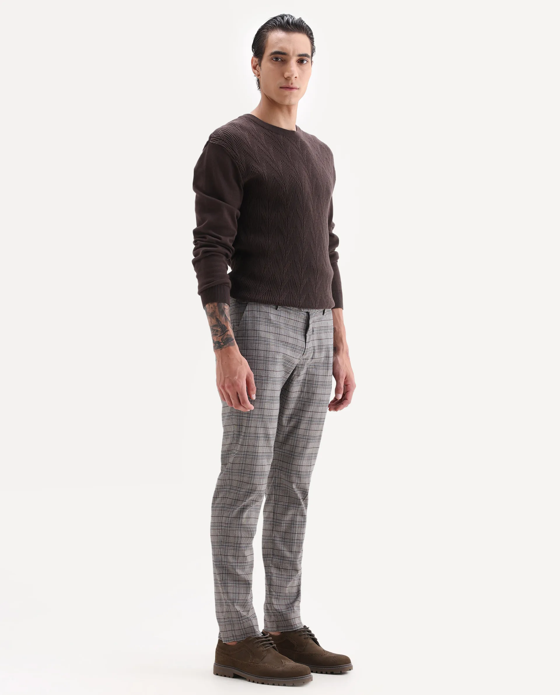 Rare Rabbit Men's Bandon Grey Cotton Blend Checked Print Regular Fit Trouser - Image 5