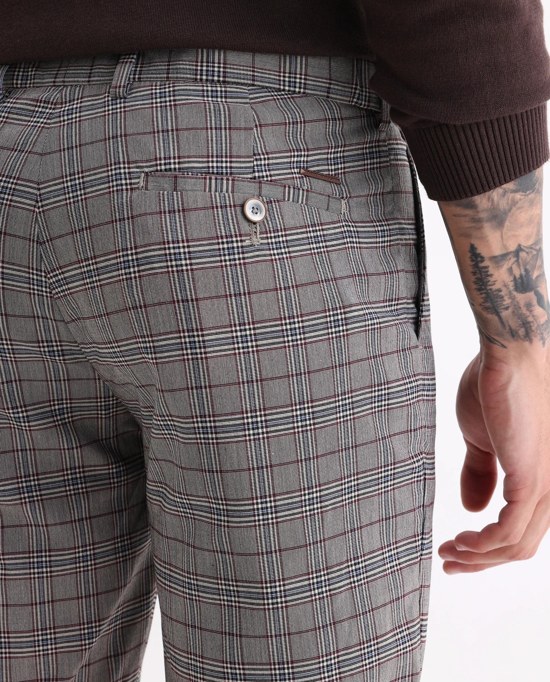 Rare Rabbit Men's Bandon Grey Cotton Blend Checked Print Regular Fit Trouser - Image 6