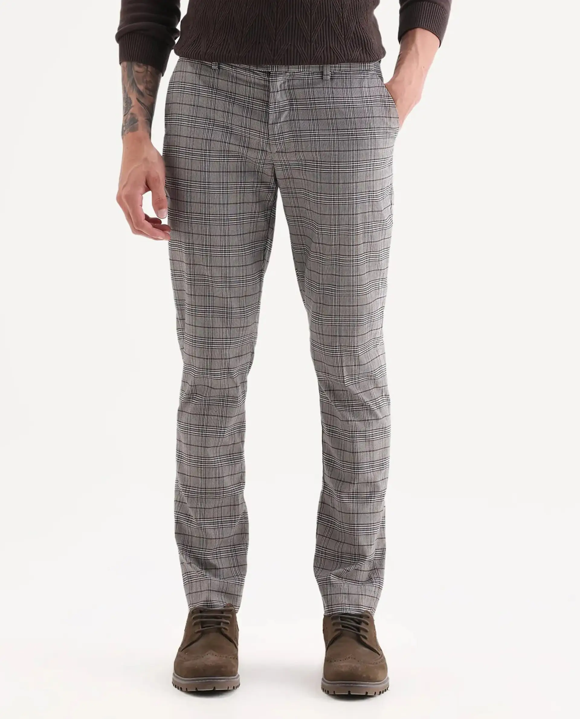 Rare Rabbit Men's Bandon Grey Cotton Blend Checked Print Regular Fit Trouser - Image 8
