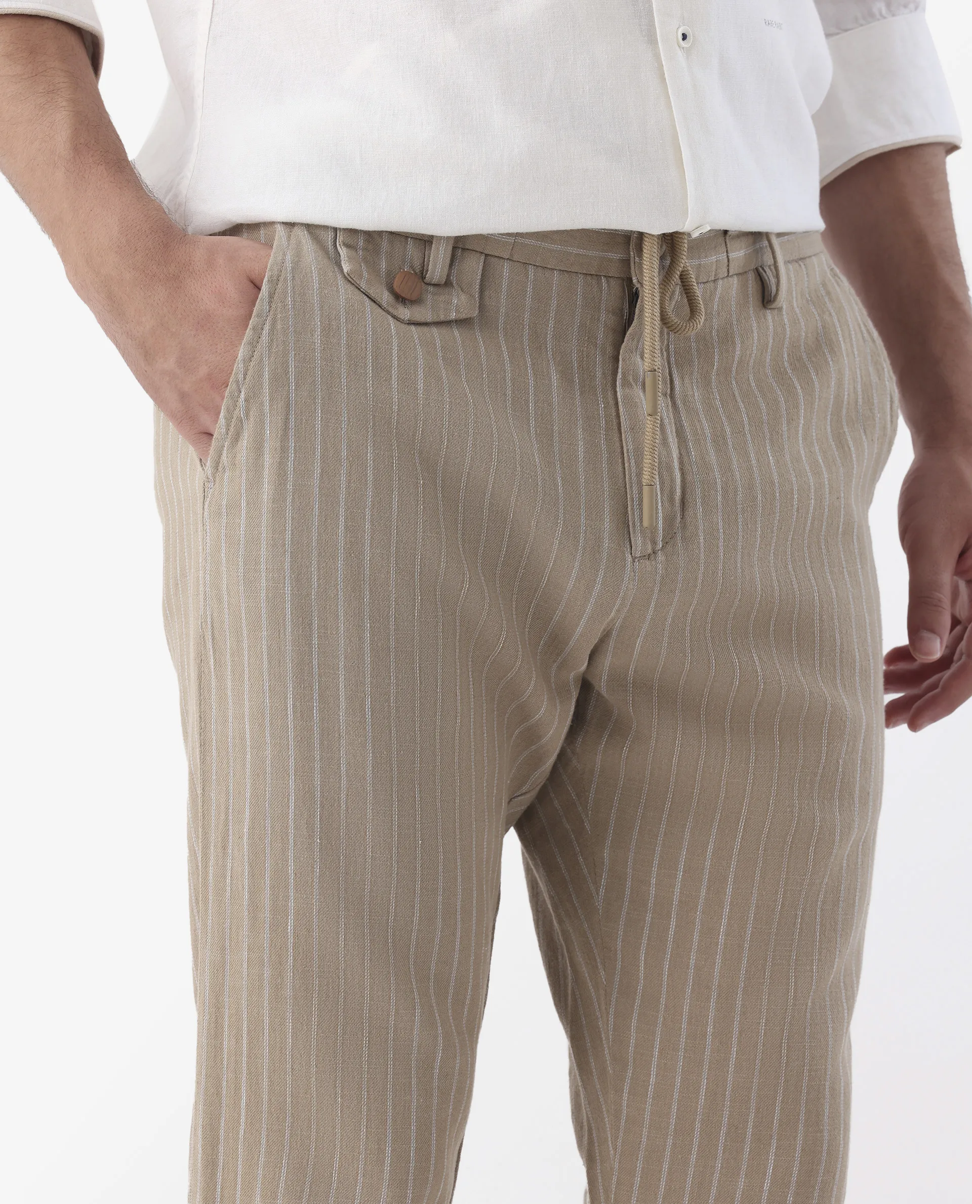 Rare Rabbit Men's Banet- Beige Linen Blend Plain Regular Fit Trouser - Image 3