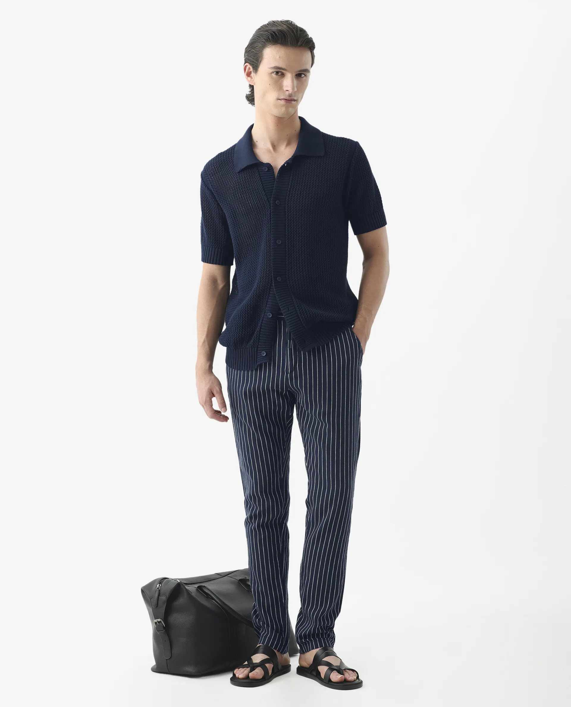 Rare Rabbit Men's Banet- Navy Linen Blend Striped Print Slim Fit Trouser