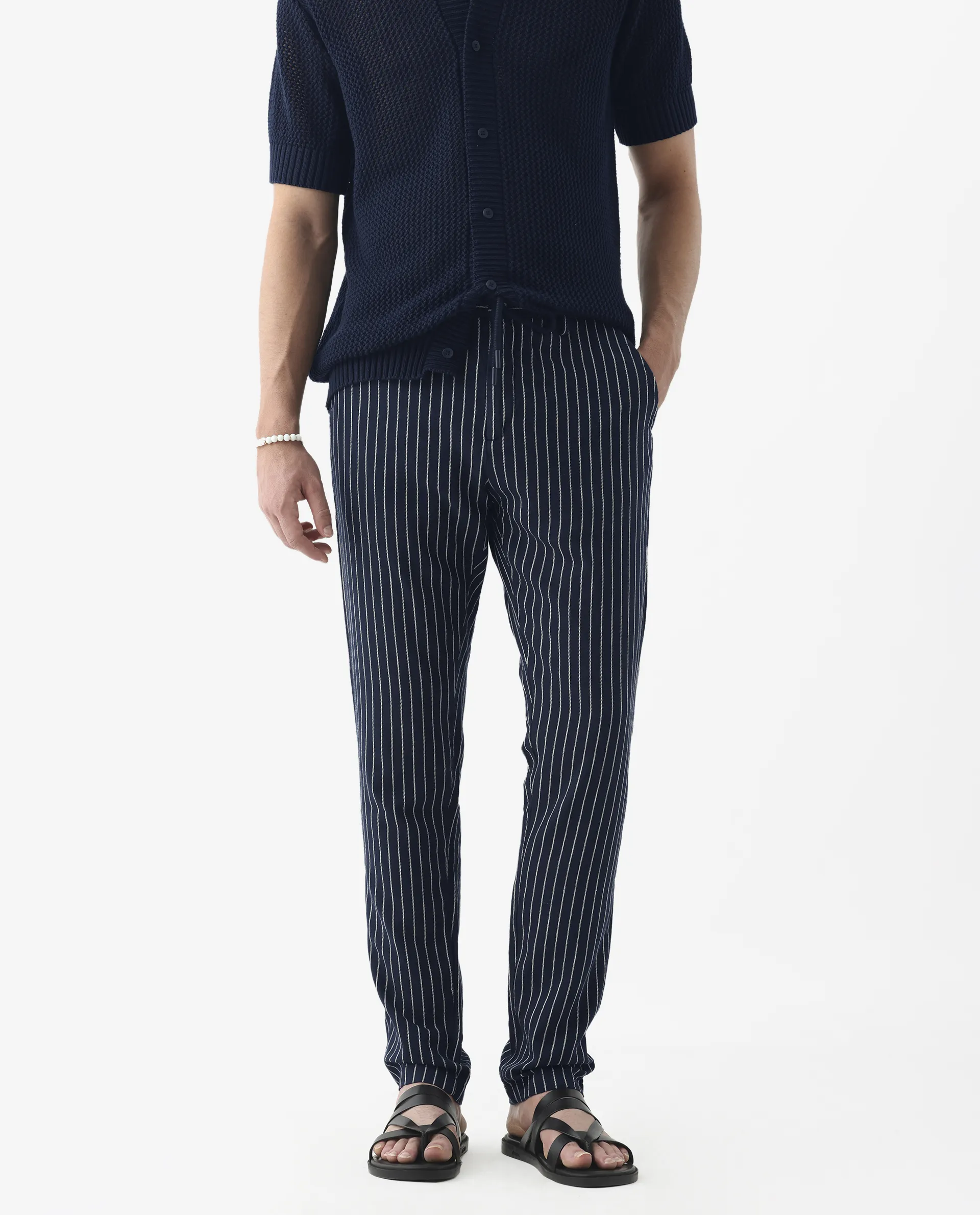 Rare Rabbit Men's Banet- Navy Linen Blend Striped Print Slim Fit Trouser - Image 2