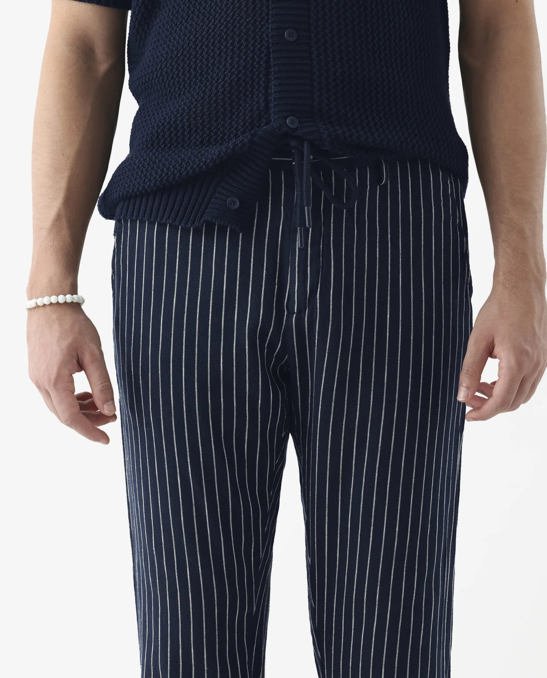 Rare Rabbit Men's Banet- Navy Linen Blend Striped Print Slim Fit Trouser - Image 3