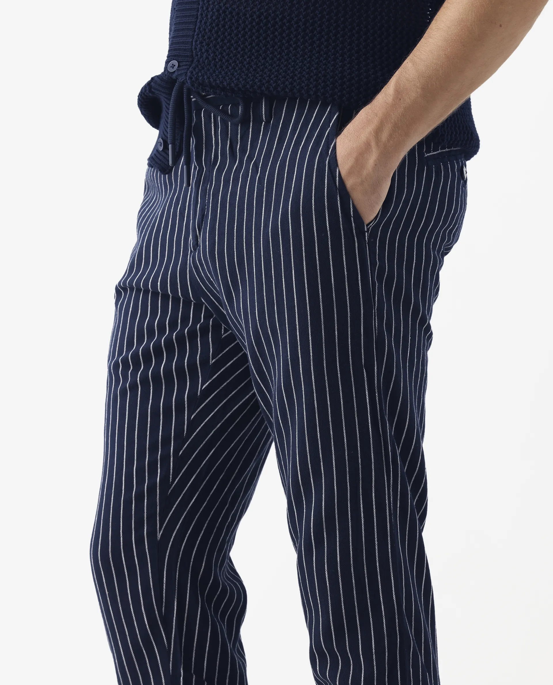 Rare Rabbit Men's Banet- Navy Linen Blend Striped Print Slim Fit Trouser - Image 4