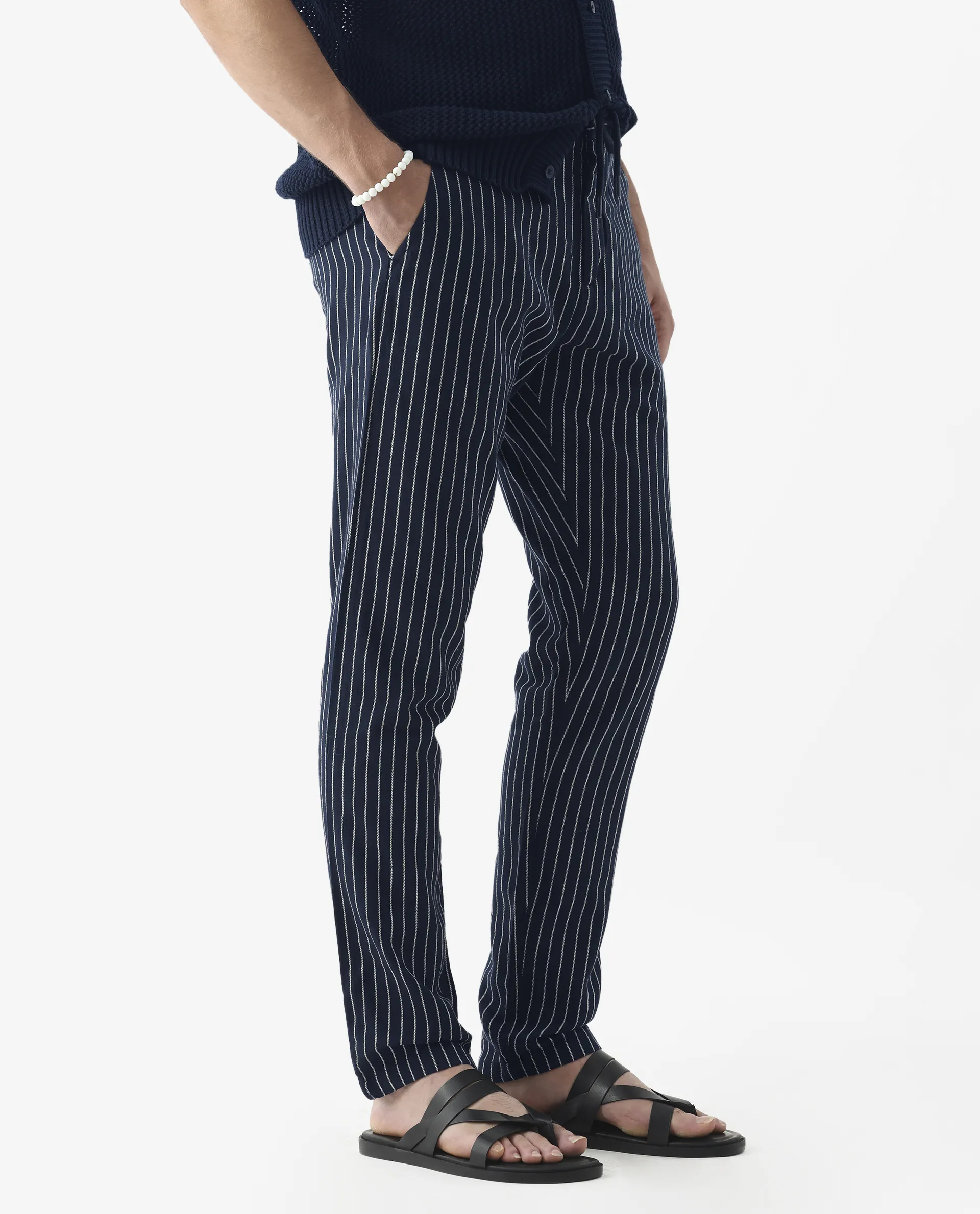Rare Rabbit Men's Banet- Navy Linen Blend Striped Print Slim Fit Trouser - Image 5