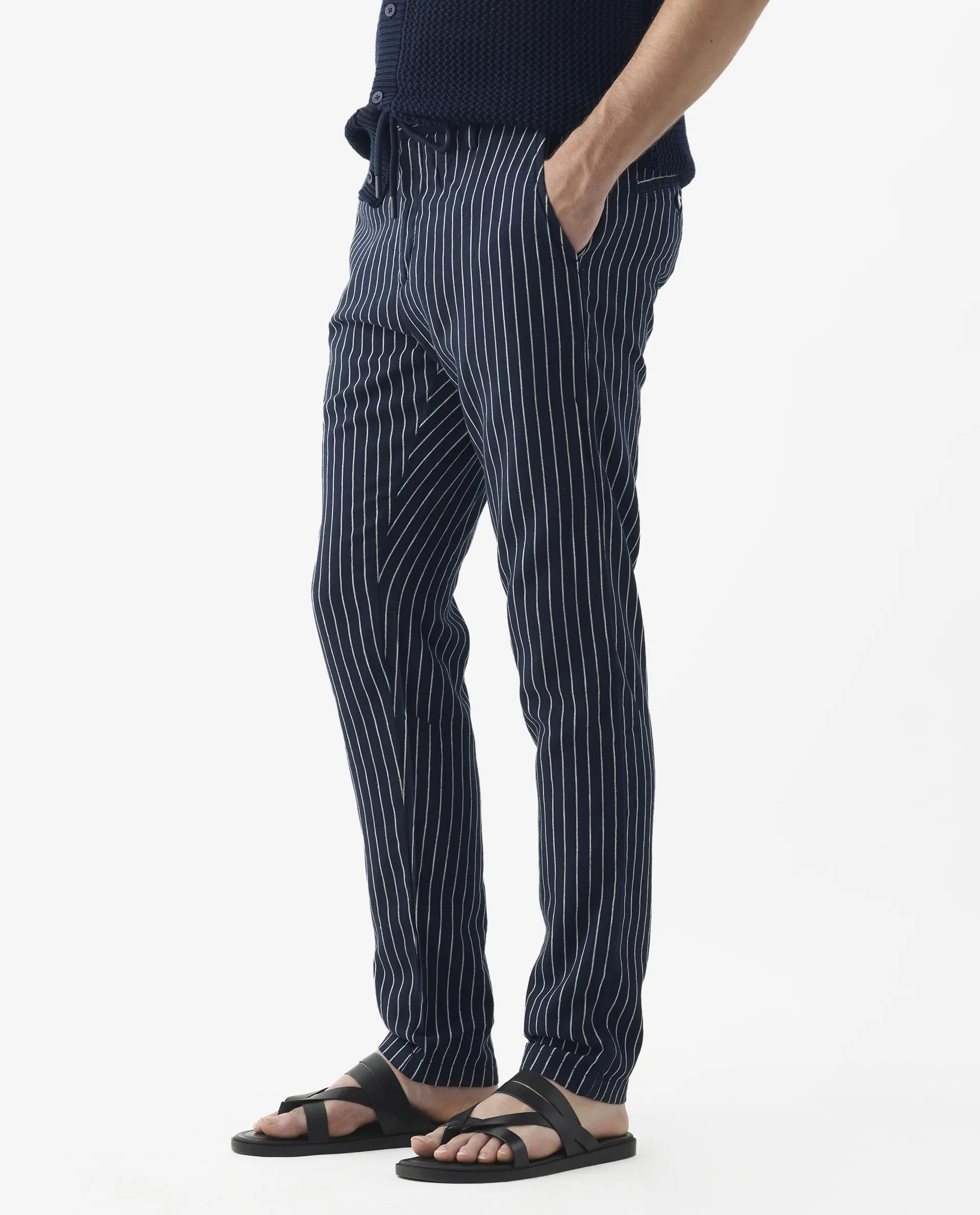 Rare Rabbit Men's Banet- Navy Linen Blend Striped Print Slim Fit Trouser - Image 6