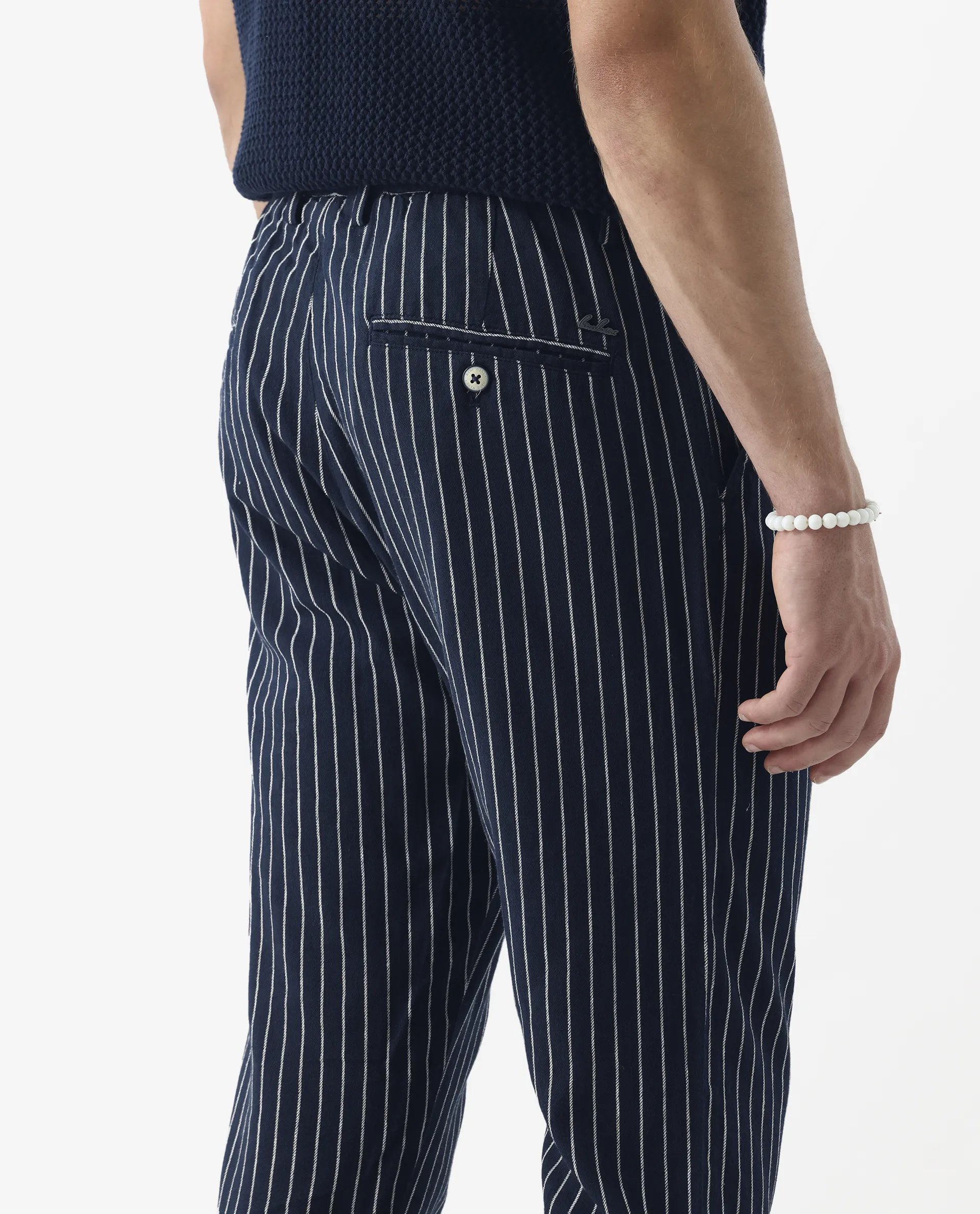 Rare Rabbit Men's Banet- Navy Linen Blend Striped Print Slim Fit Trouser - Image 7