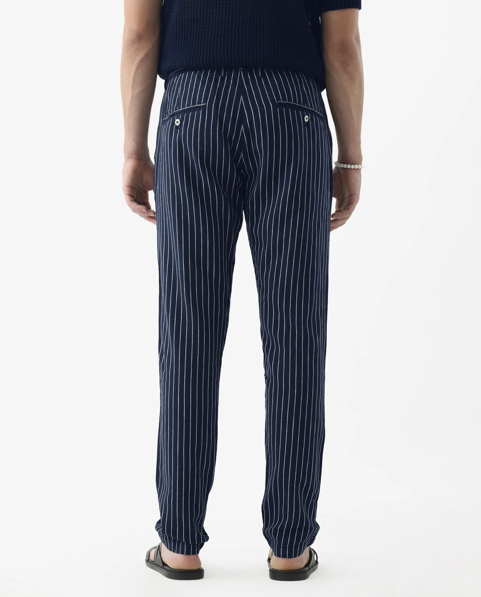 Rare Rabbit Men's Banet- Navy Linen Blend Striped Print Slim Fit Trouser - Image 8