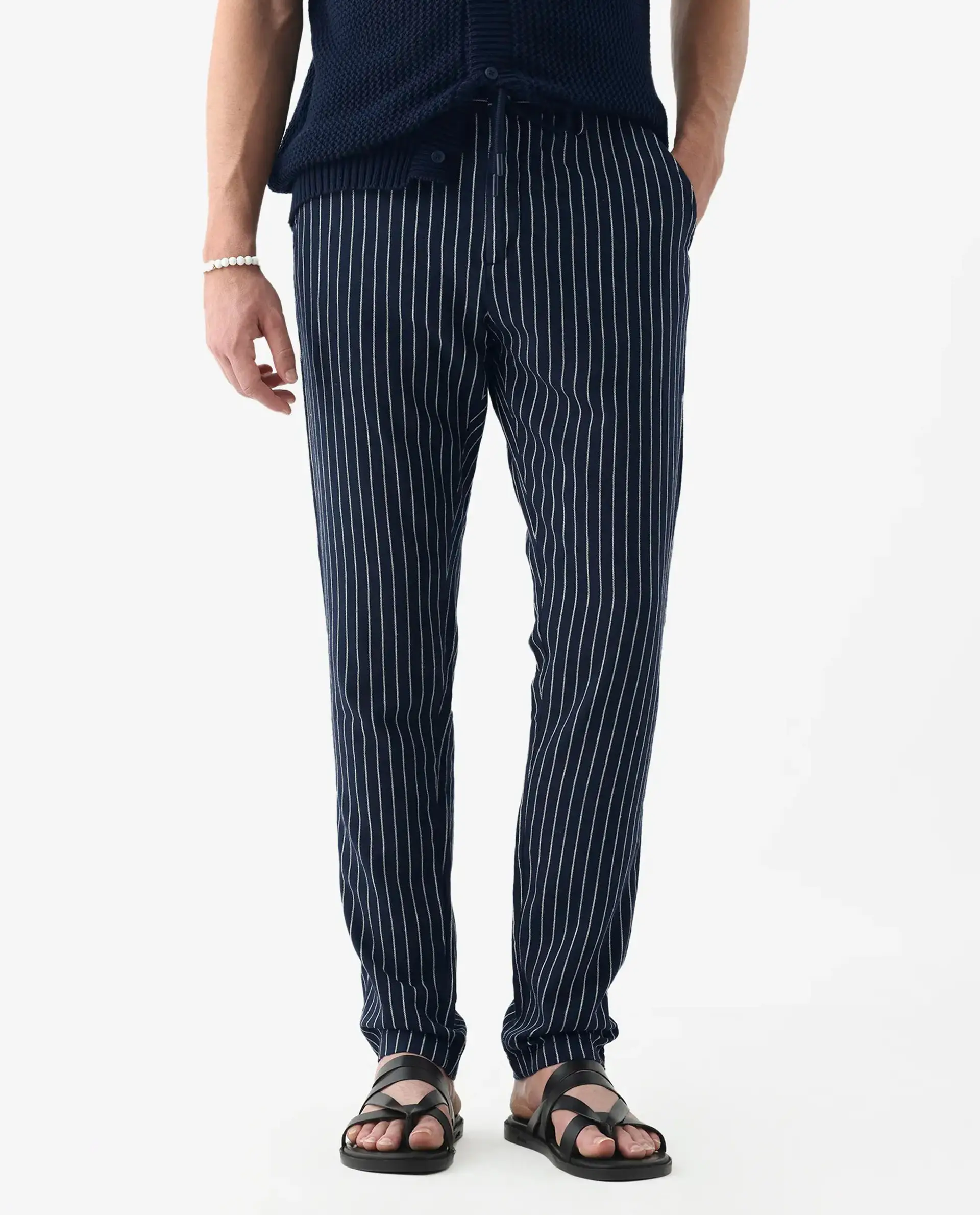 Rare Rabbit Men's Banet- Navy Linen Blend Striped Print Slim Fit Trouser - Image 9