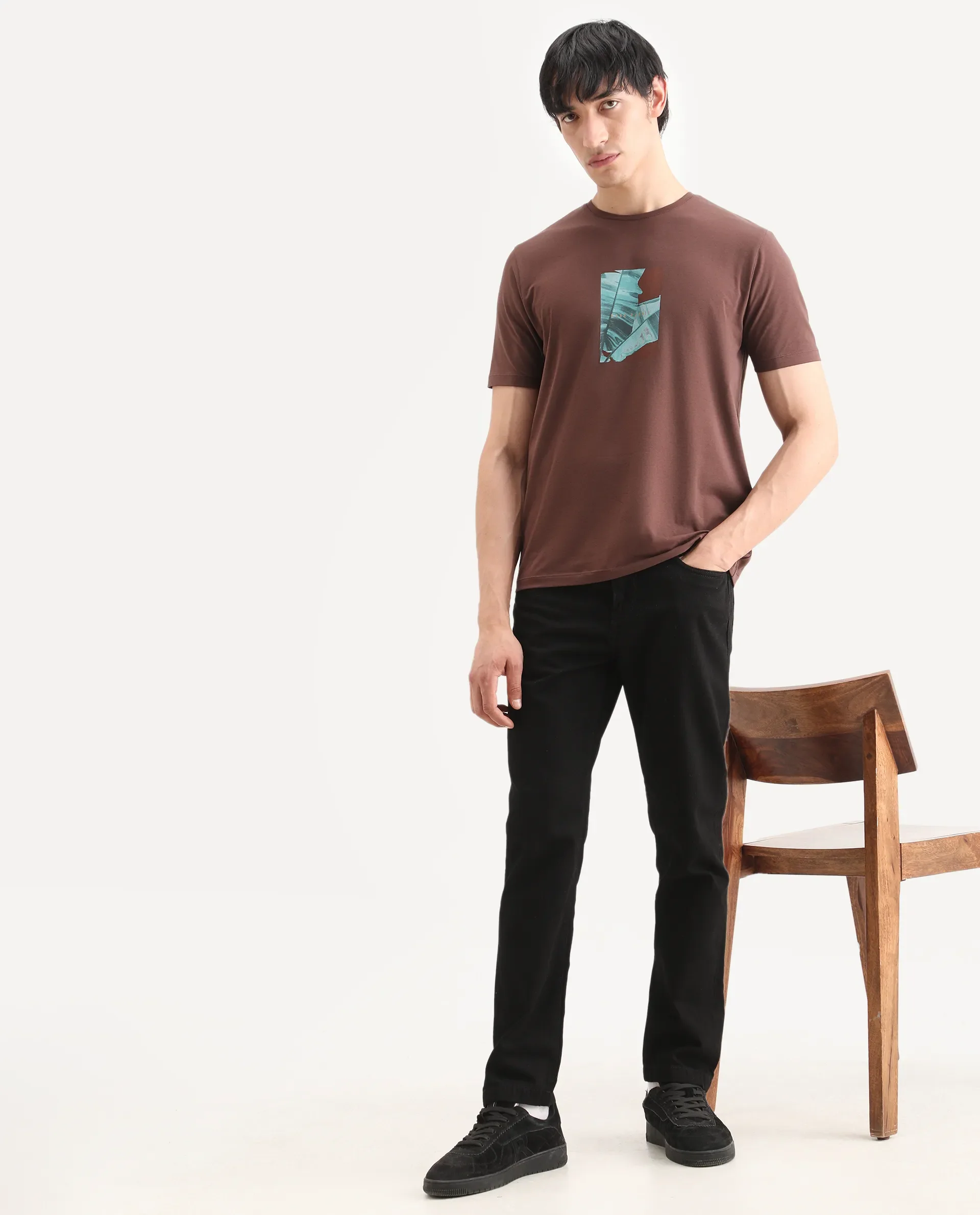 Rare Rabbit Men's Banna Dark Brown Cotton Blend Fabric Half Sleeve Crew Neck Regular Fit Graphic Print T-Shirt - Image 2