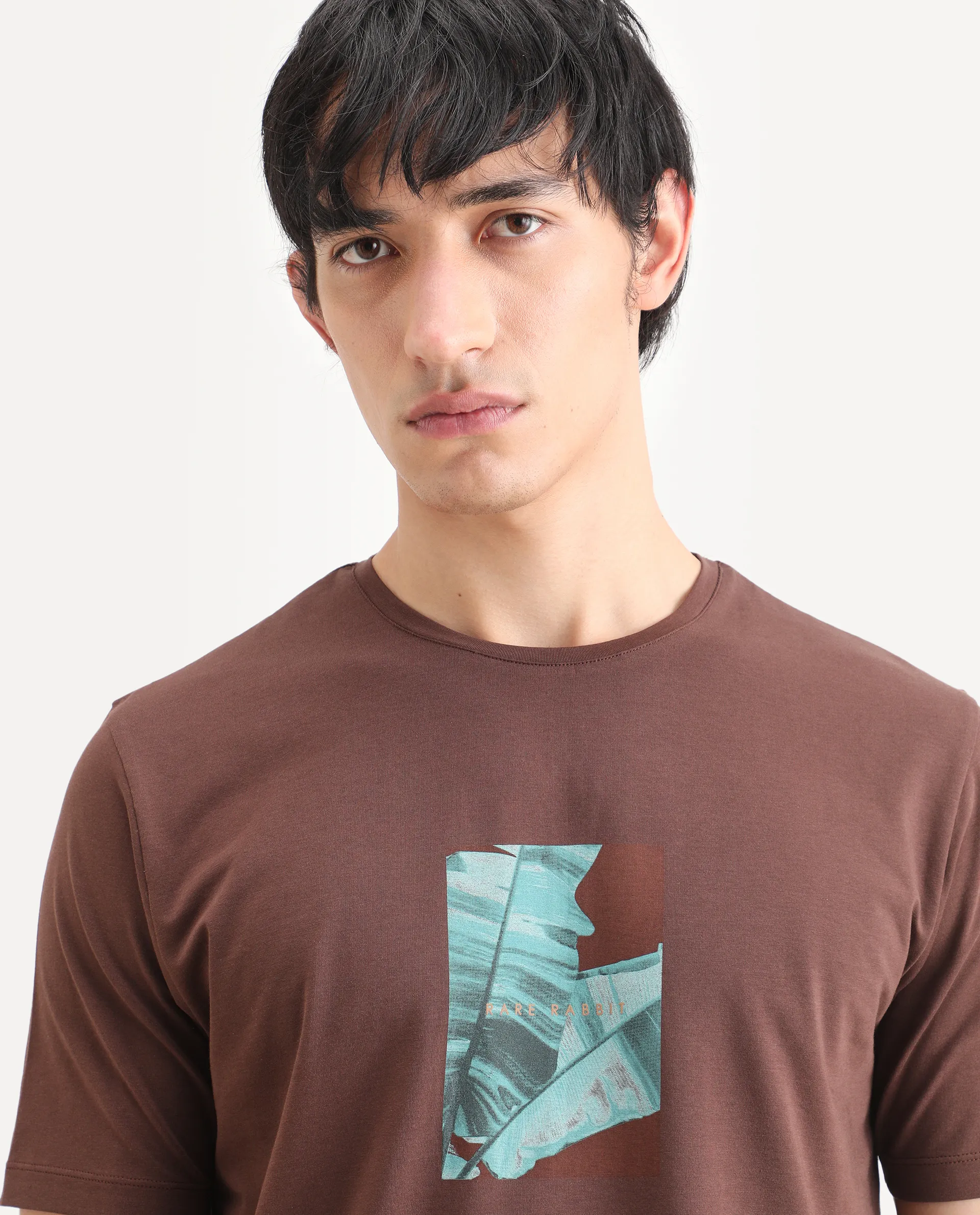 Rare Rabbit Men's Banna Dark Brown Cotton Blend Fabric Half Sleeve Crew Neck Regular Fit Graphic Print T-Shirt - Image 3