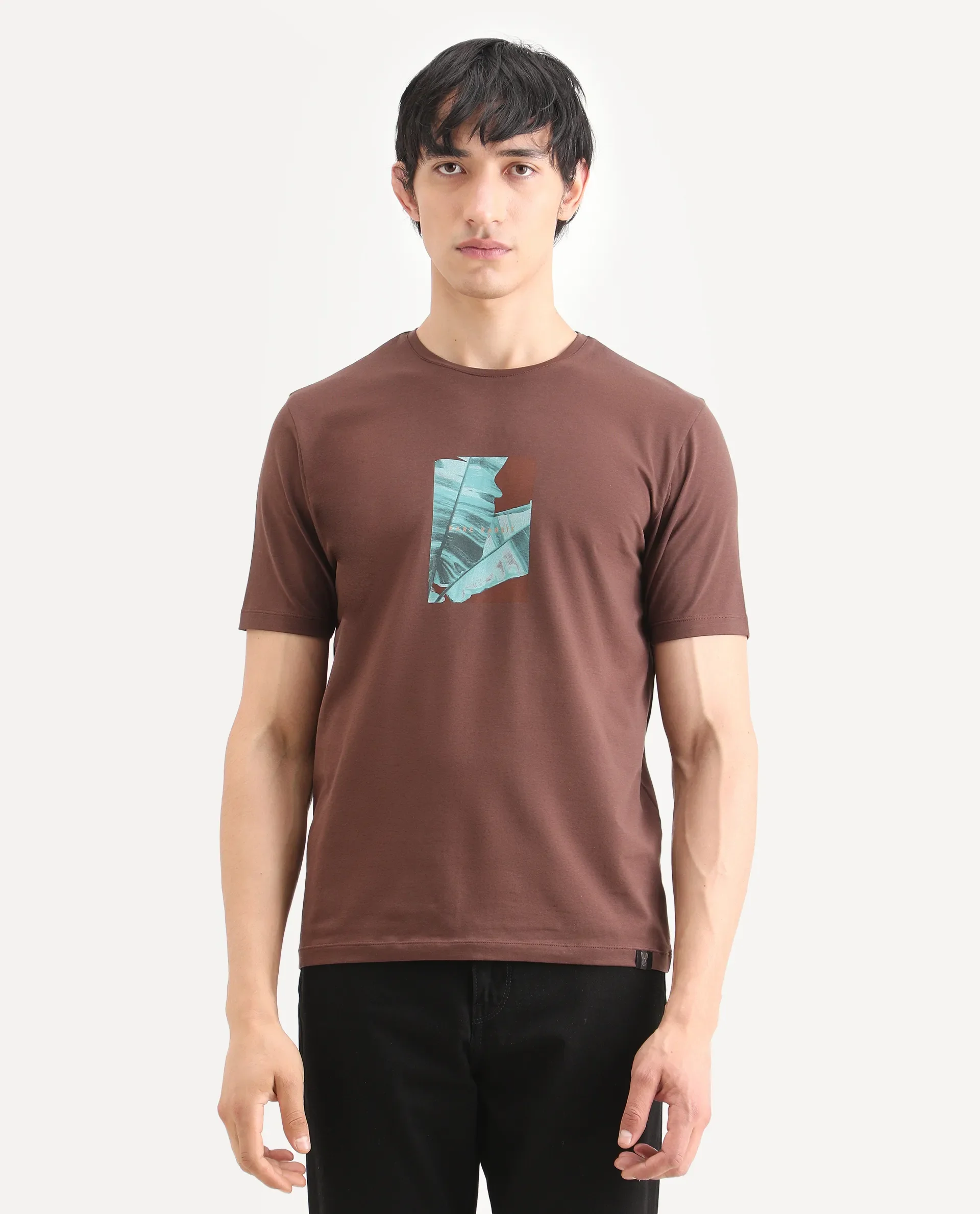 Rare Rabbit Men's Banna Dark Brown Cotton Blend Fabric Half Sleeve Crew Neck Regular Fit Graphic Print T-Shirt - Image 4