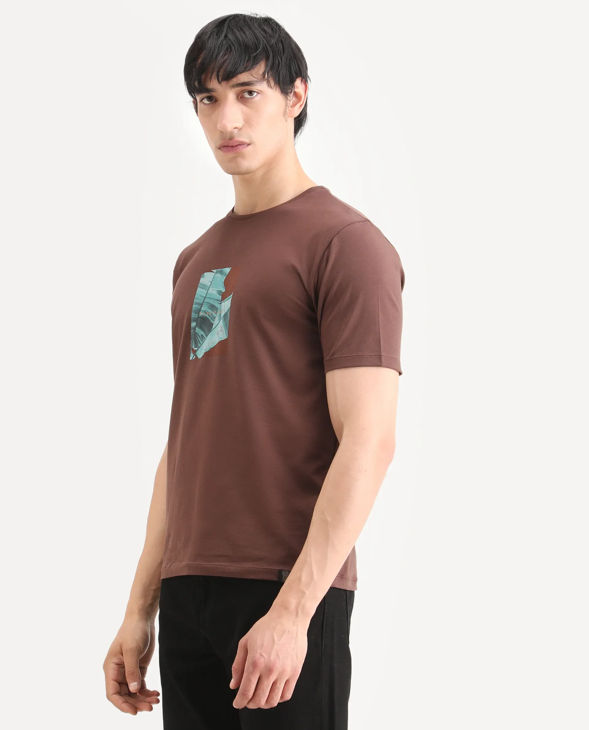 Rare Rabbit Men's Banna Dark Brown Cotton Blend Fabric Half Sleeve Crew Neck Regular Fit Graphic Print T-Shirt - Image 5