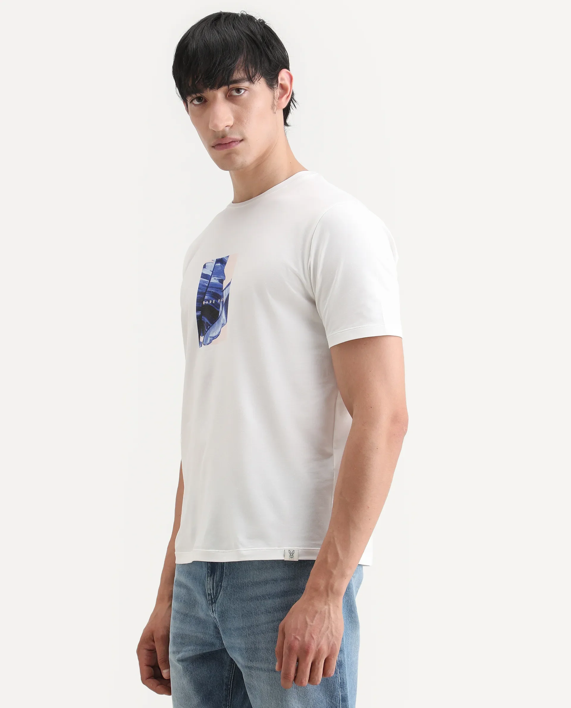 Rare Rabbit Men's Banna Off White Cotton Blend Fabric Half Sleeve Crew Neck Regular Fit Graphic Print T-Shirt - Image 5