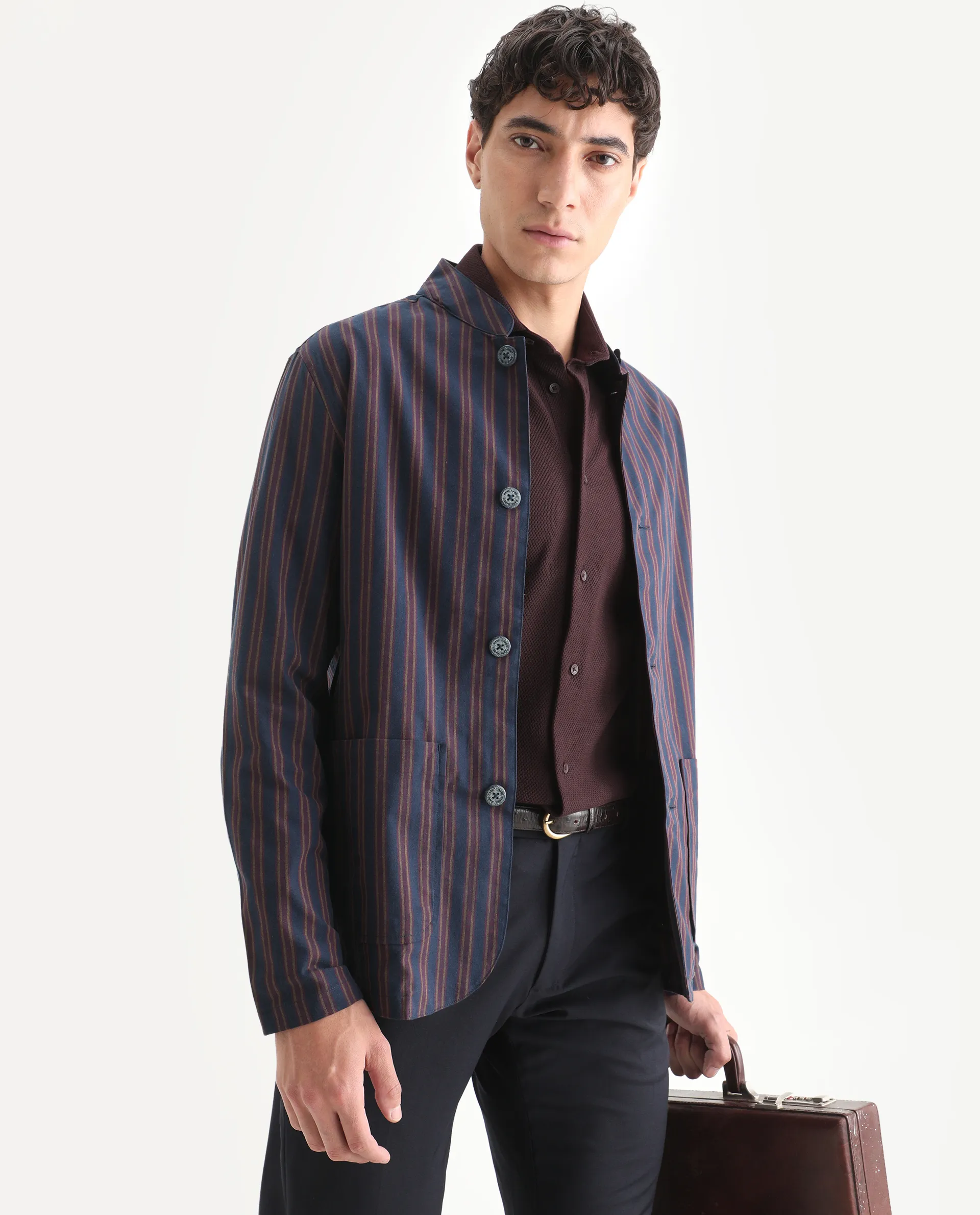Rare Rabbit Men's Banner Navy Cotton Striped Print Regular Fit Full Sleeve Mandarin Collar Jacket