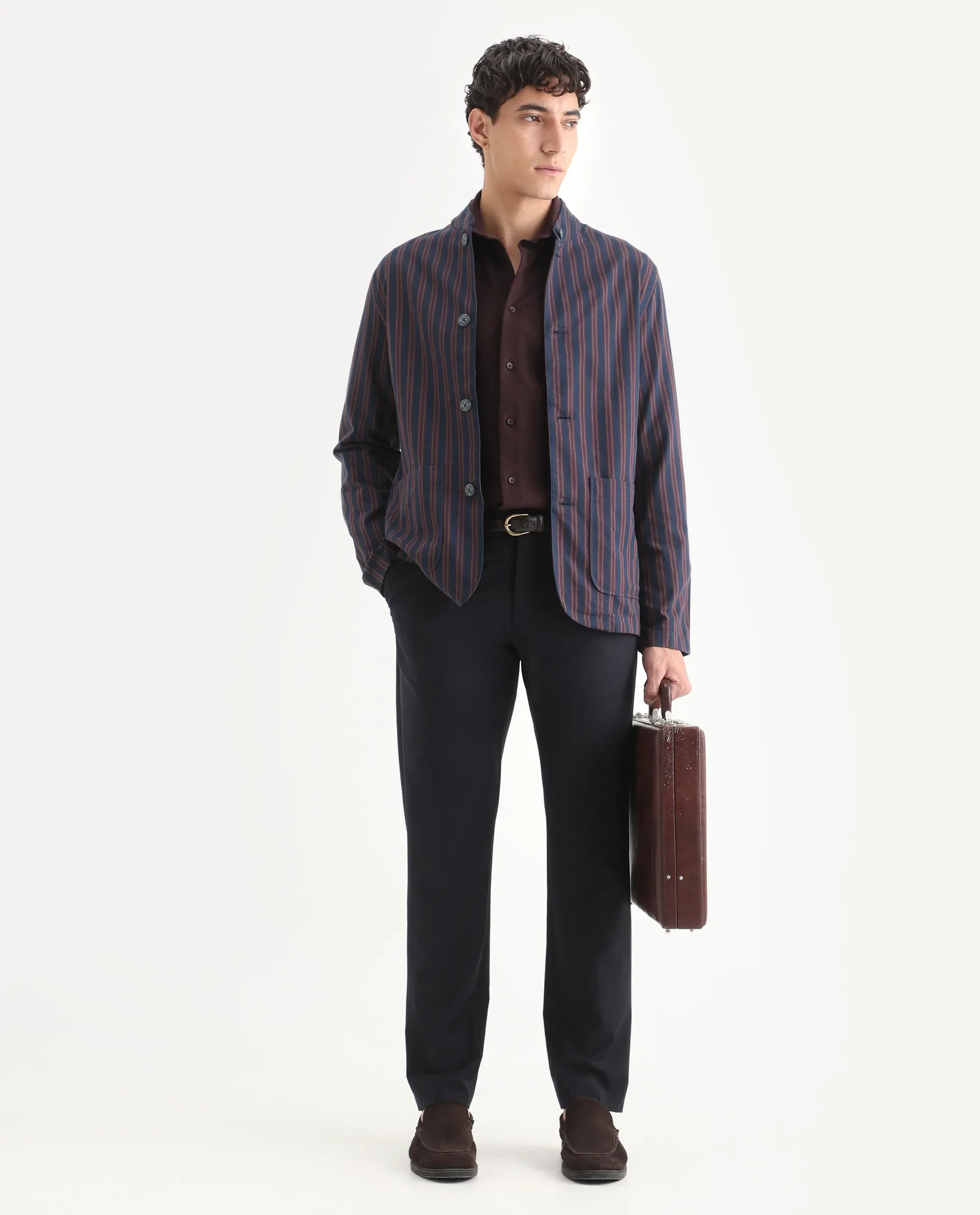 Rare Rabbit Men's Banner Navy Cotton Striped Print Regular Fit Full Sleeve Mandarin Collar Jacket - Image 2