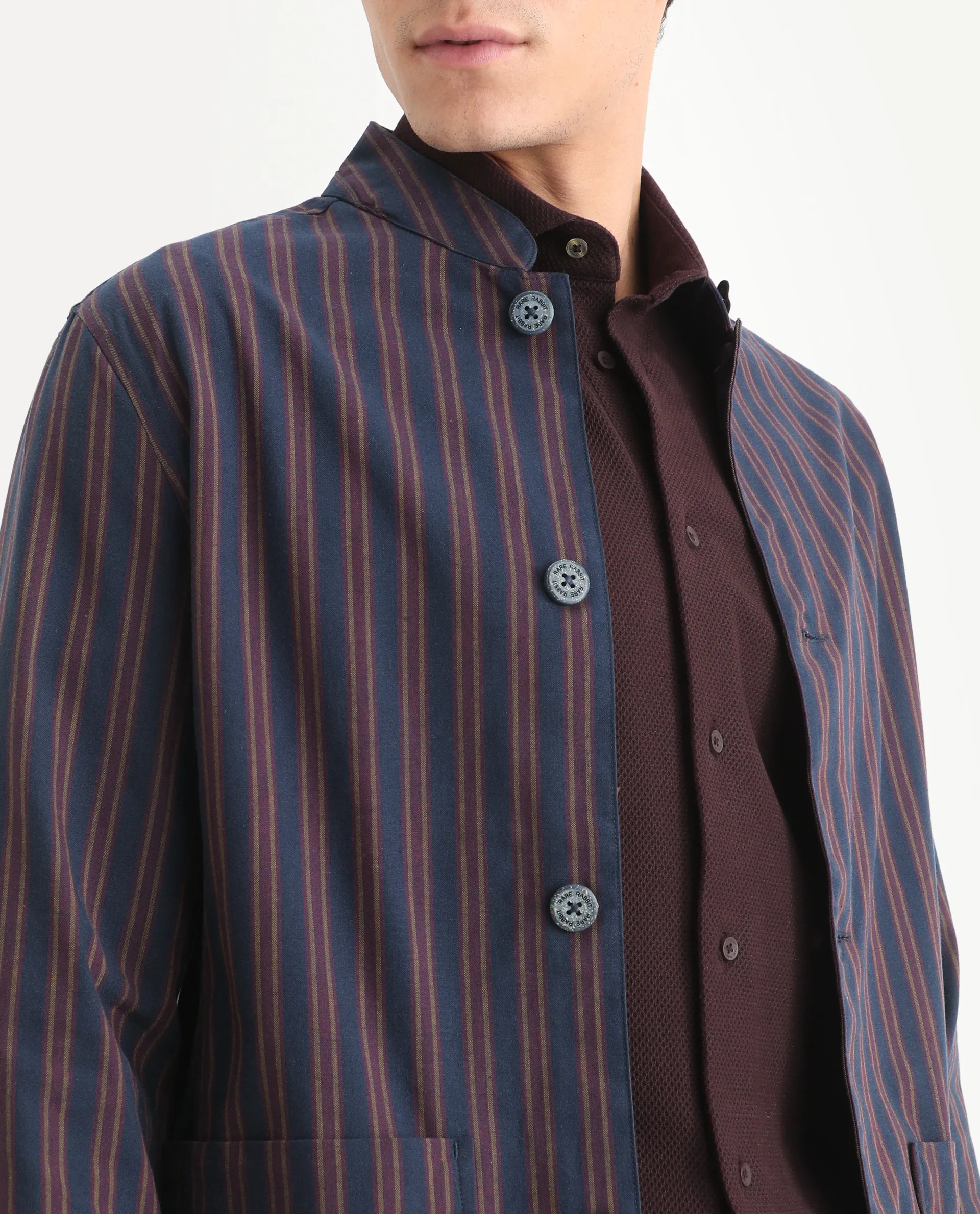 Rare Rabbit Men's Banner Navy Cotton Striped Print Regular Fit Full Sleeve Mandarin Collar Jacket - Image 3