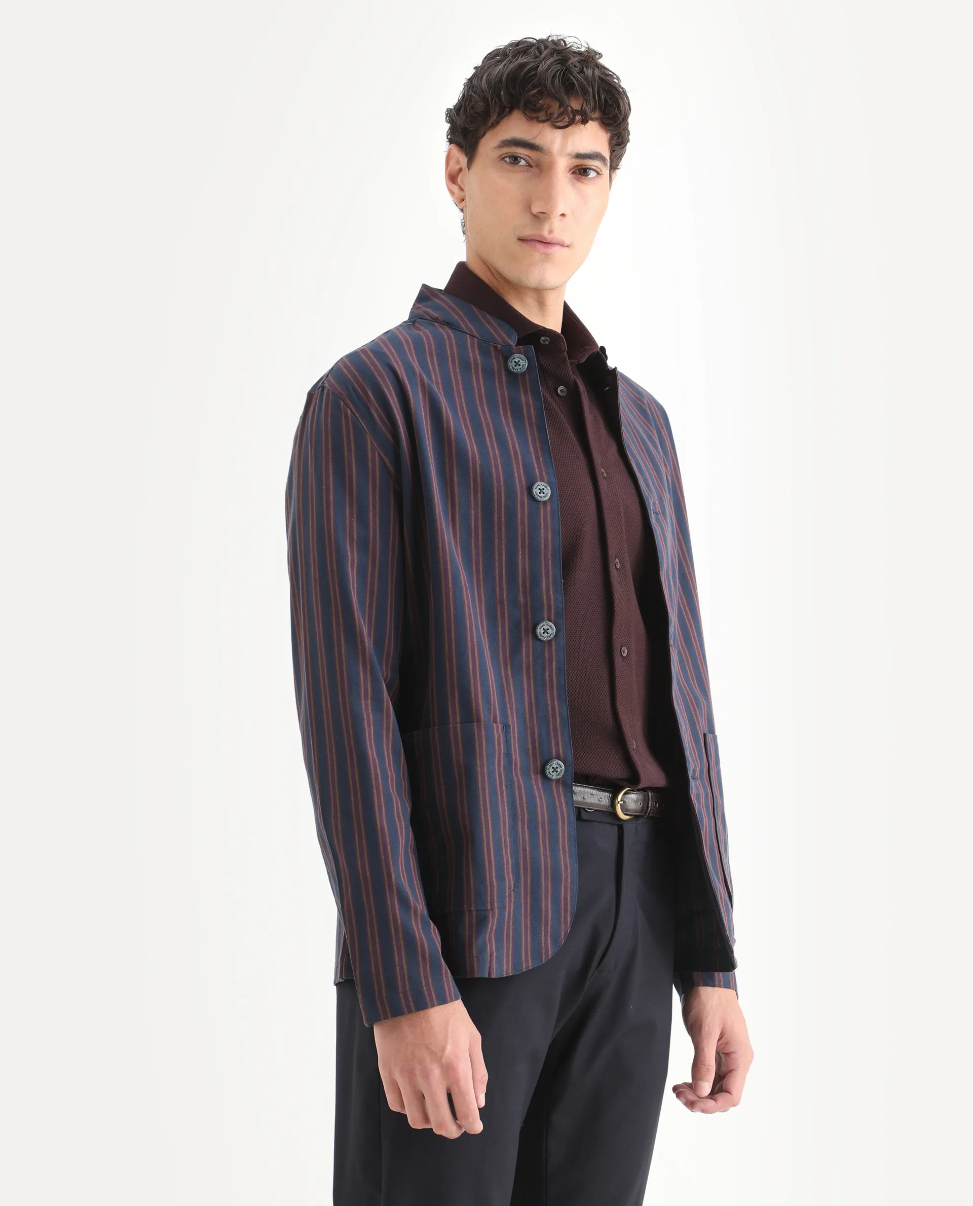 Rare Rabbit Men's Banner Navy Cotton Striped Print Regular Fit Full Sleeve Mandarin Collar Jacket - Image 4