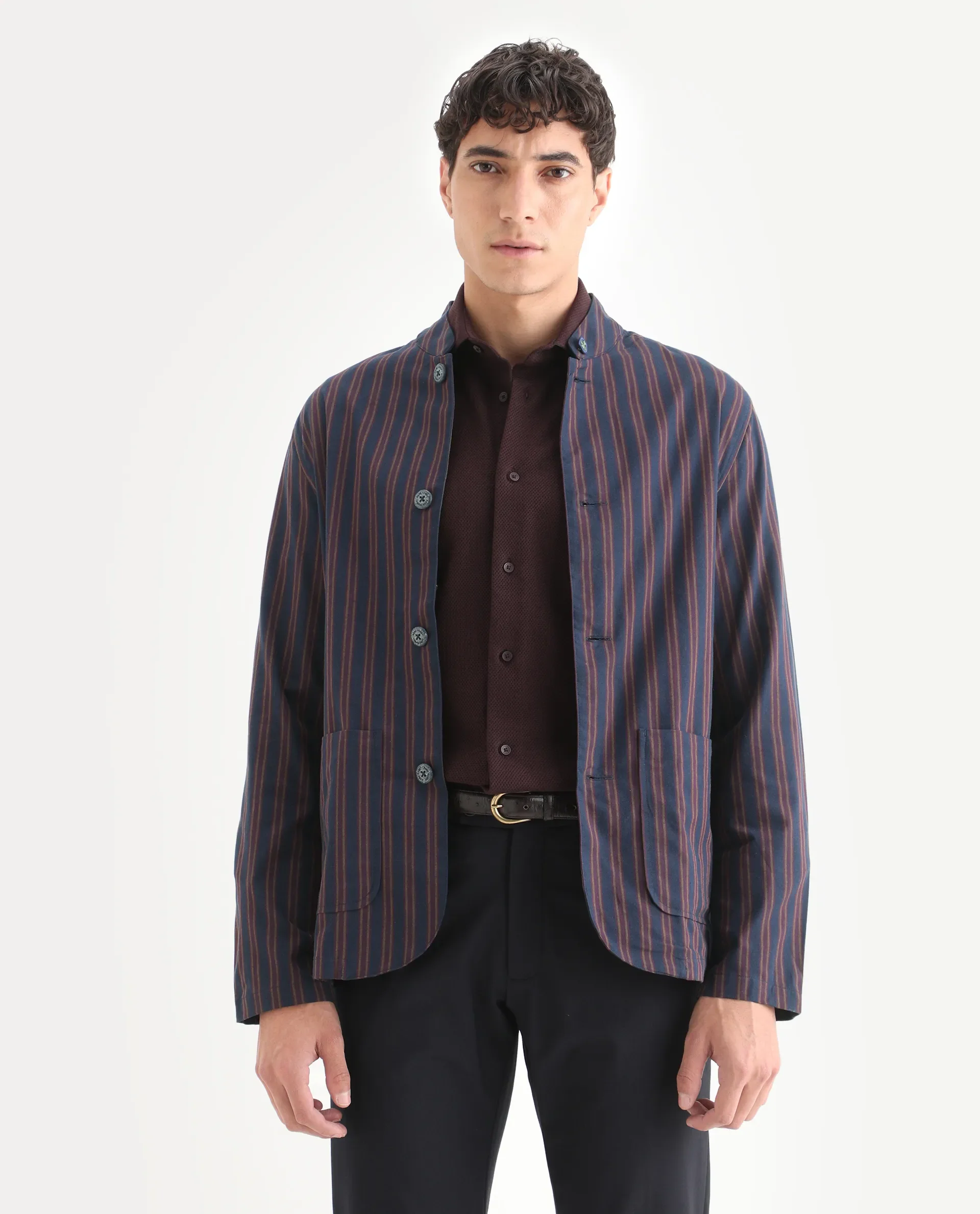 Rare Rabbit Men's Banner Navy Cotton Striped Print Regular Fit Full Sleeve Mandarin Collar Jacket - Image 5