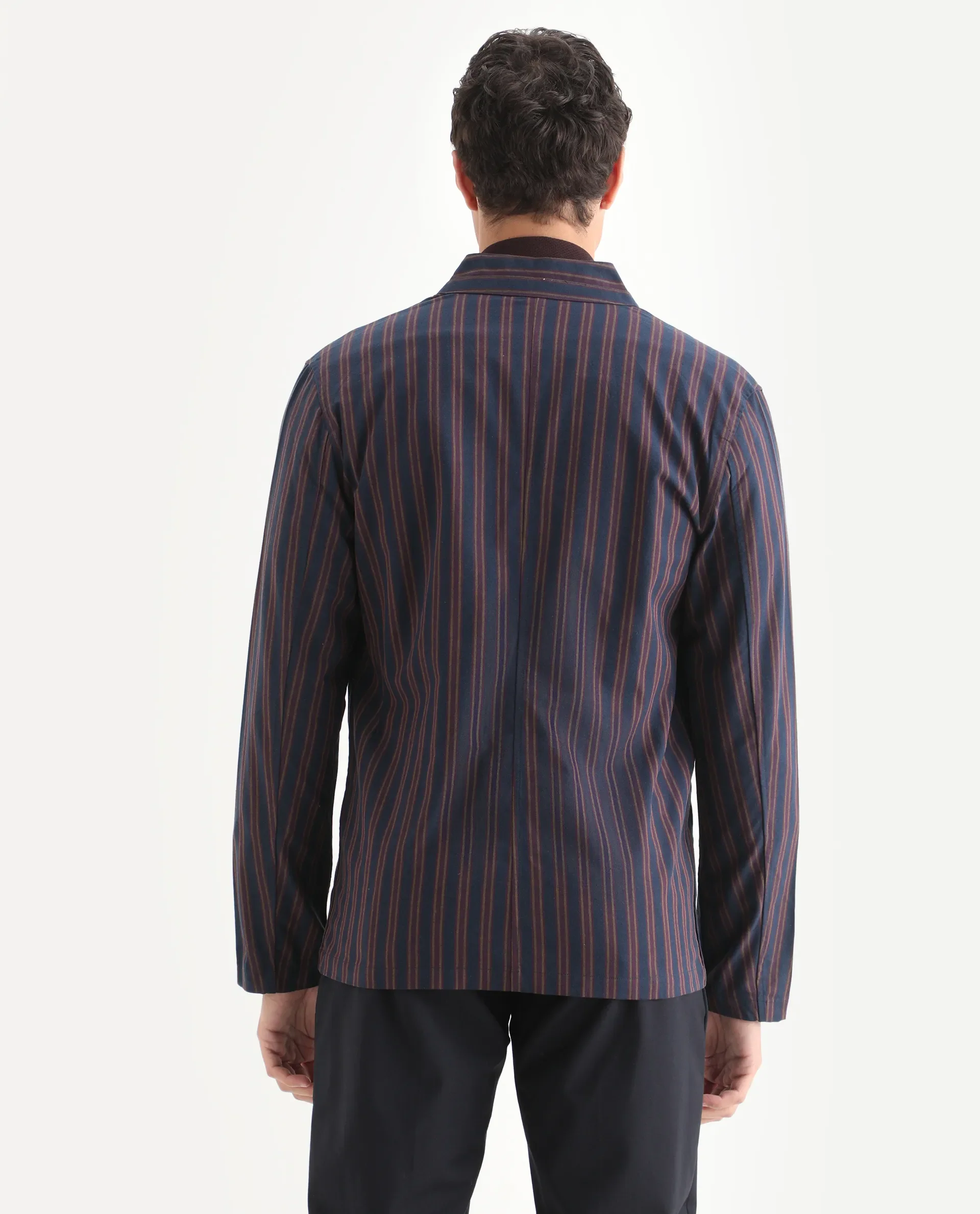 Rare Rabbit Men's Banner Navy Cotton Striped Print Regular Fit Full Sleeve Mandarin Collar Jacket - Image 6