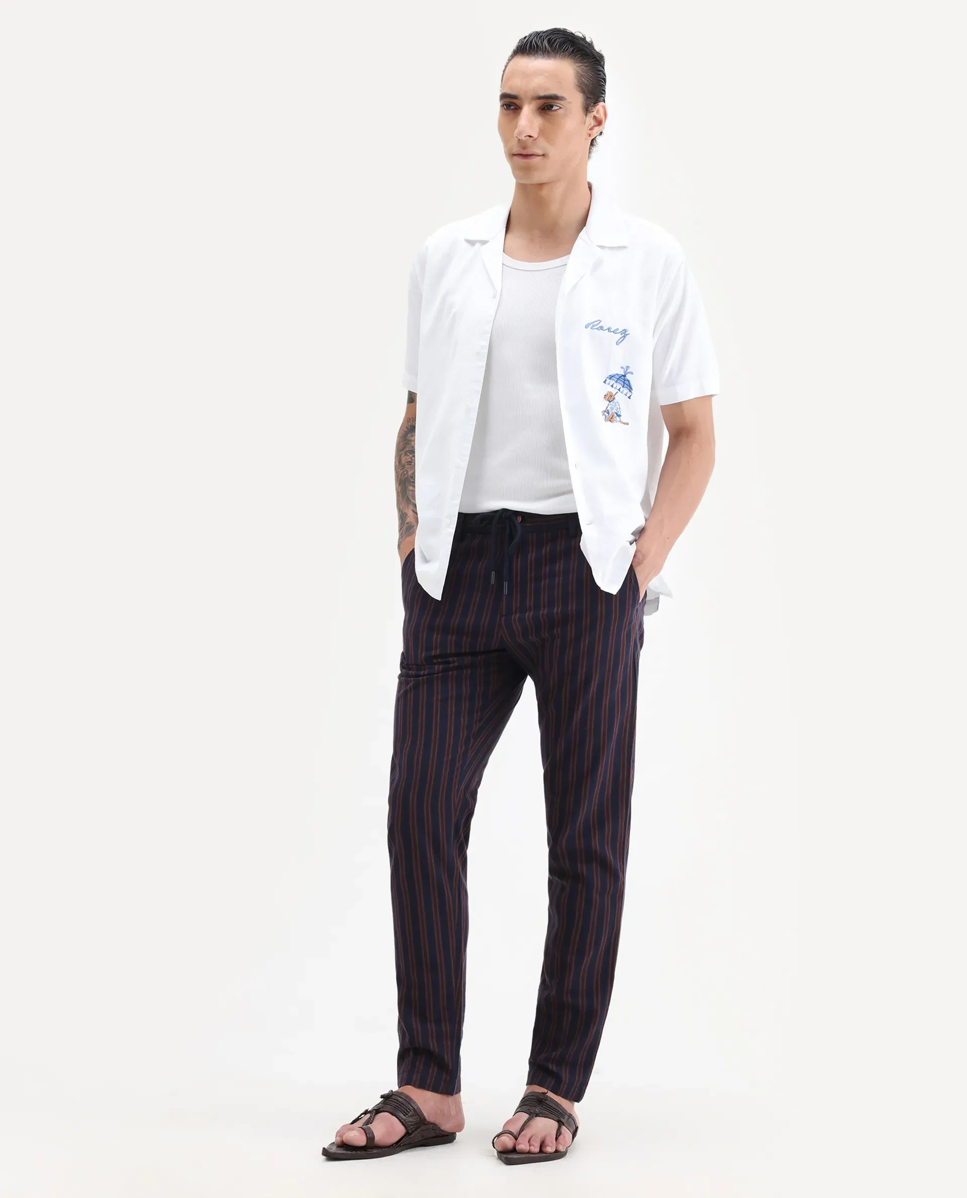 Rare Rabbit Men's Banny Navy Striped Print Slim Fit Trouser