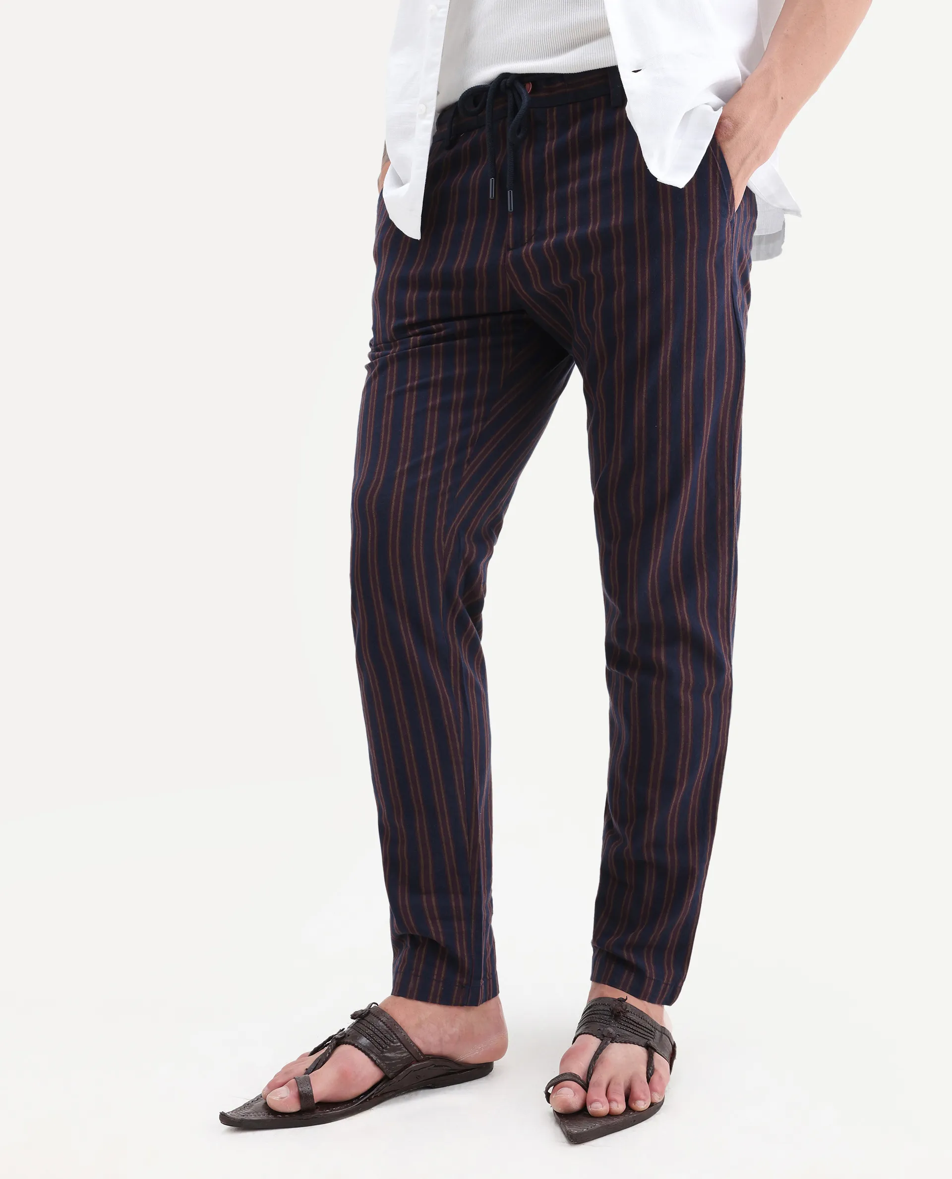 Rare Rabbit Men's Banny Navy Striped Print Slim Fit Trouser - Image 2