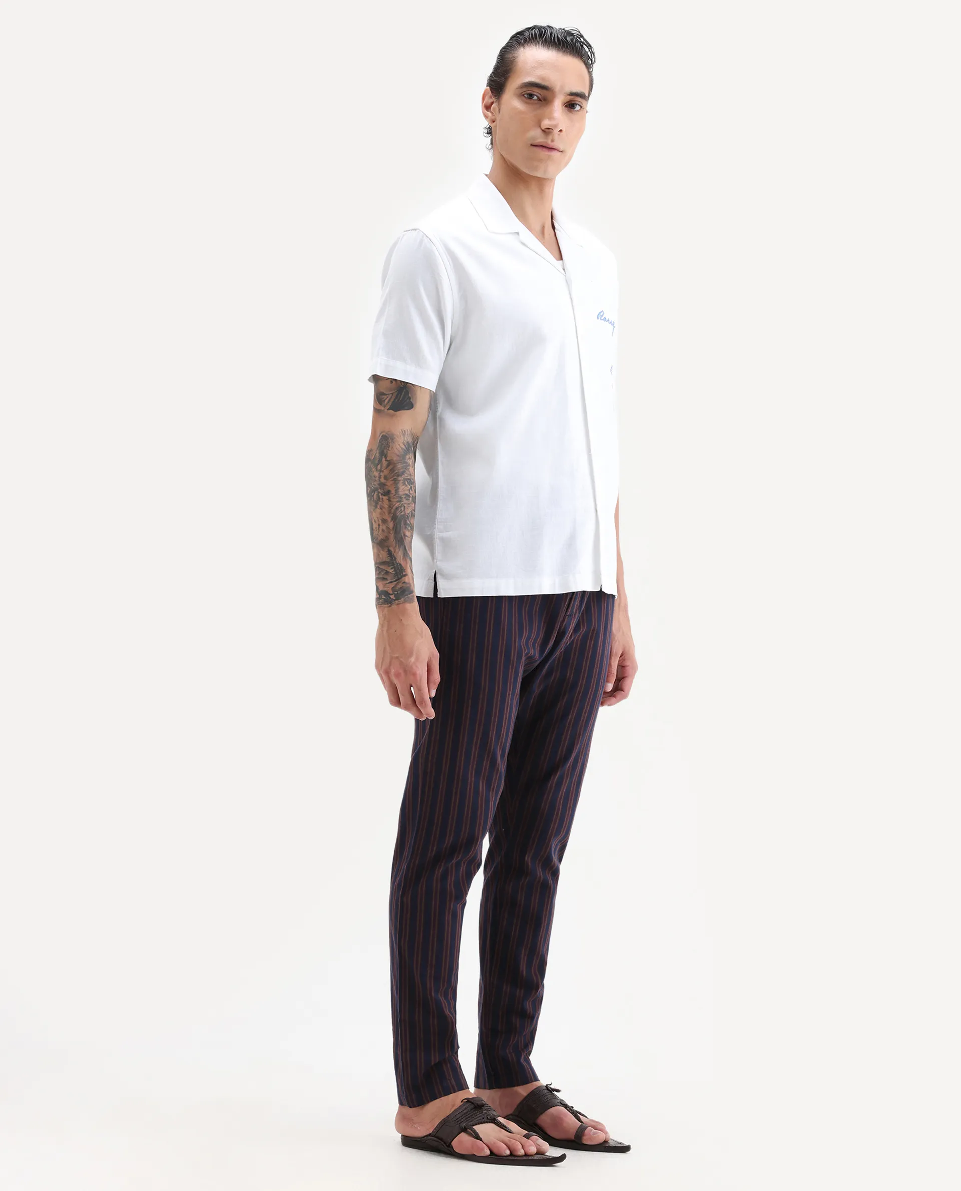 Rare Rabbit Men's Banny Navy Striped Print Slim Fit Trouser - Image 5