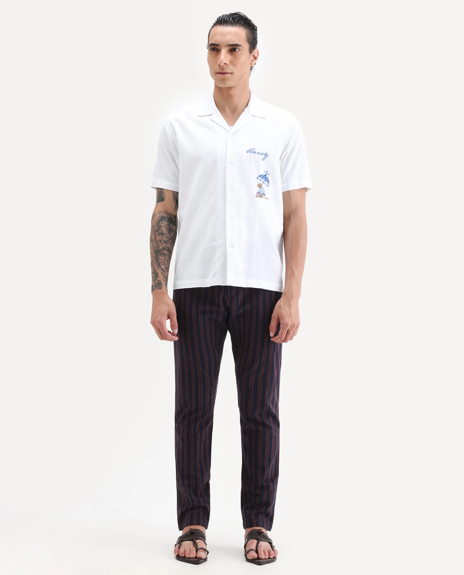 Rare Rabbit Men's Banny Navy Striped Print Slim Fit Trouser - Image 7
