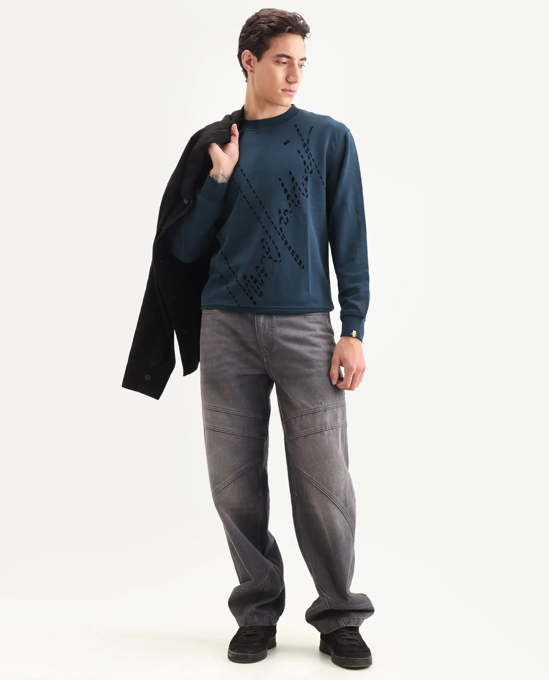 Rare Rabbit Men's Barak Teal Cotton Graphic Print Regular Fit Full Sleeve Crew Neck Sweatshirt - Image 2