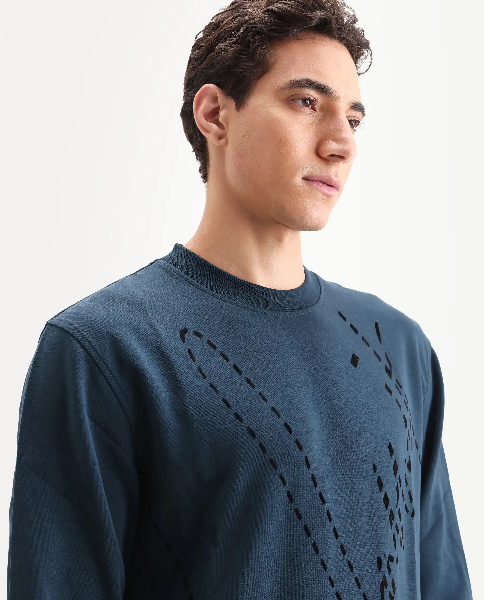 Rare Rabbit Men's Barak Teal Cotton Graphic Print Regular Fit Full Sleeve Crew Neck Sweatshirt - Image 4