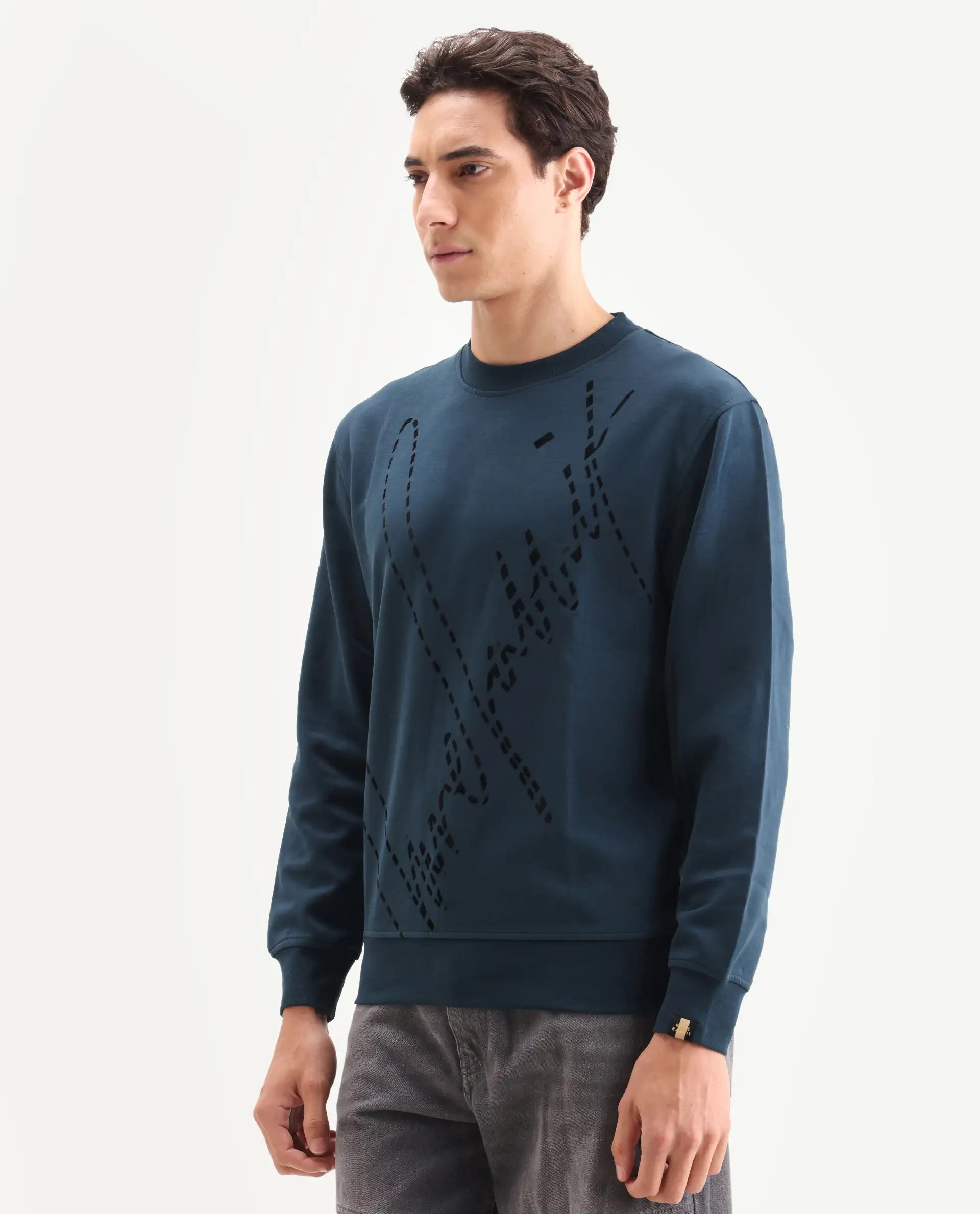 Rare Rabbit Men's Barak Teal Cotton Graphic Print Regular Fit Full Sleeve Crew Neck Sweatshirt - Image 5