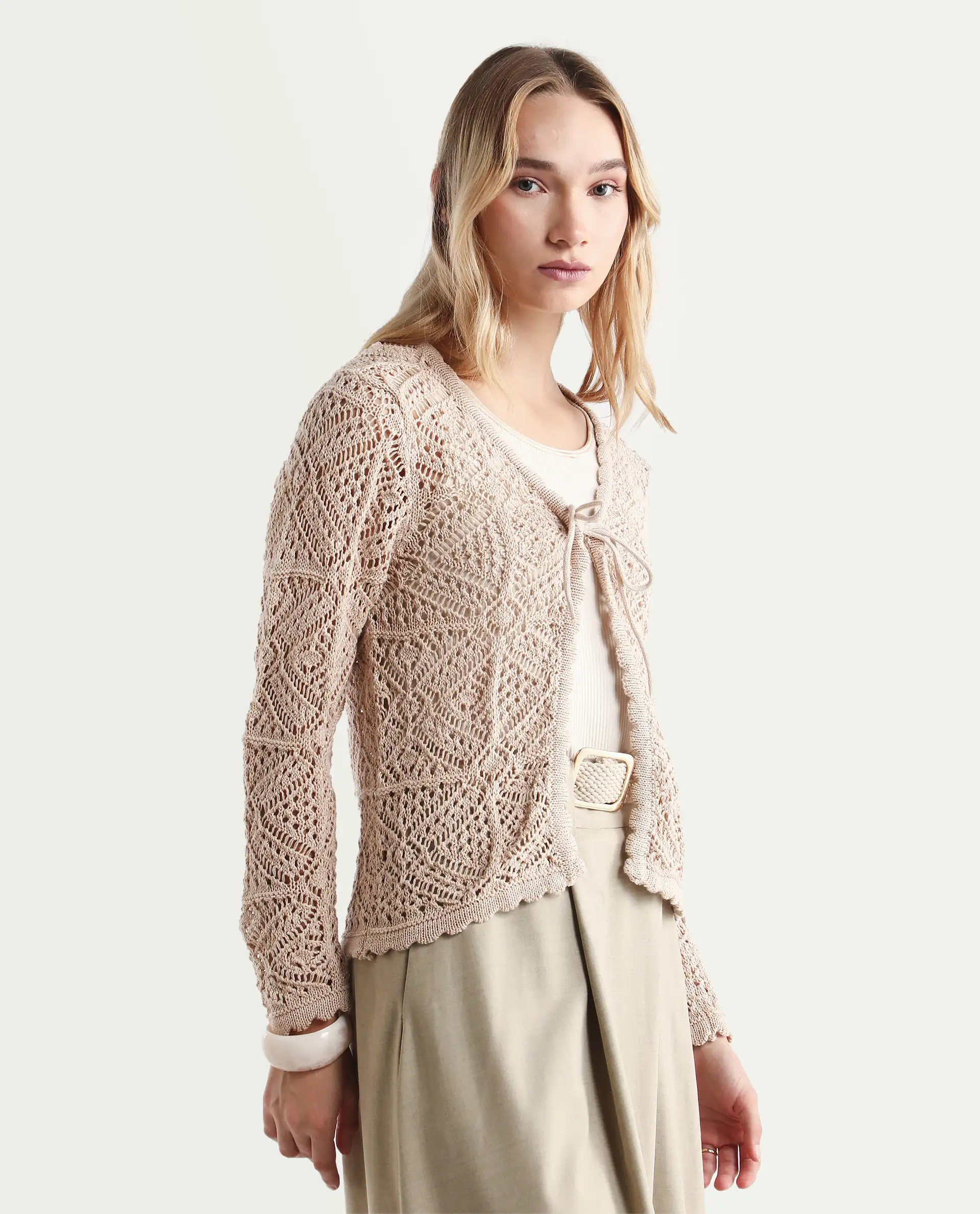 Rareism Women's Barca Gold Cotton Tie-Up Neck Plain Relaxed Fit Shrug - Image 6