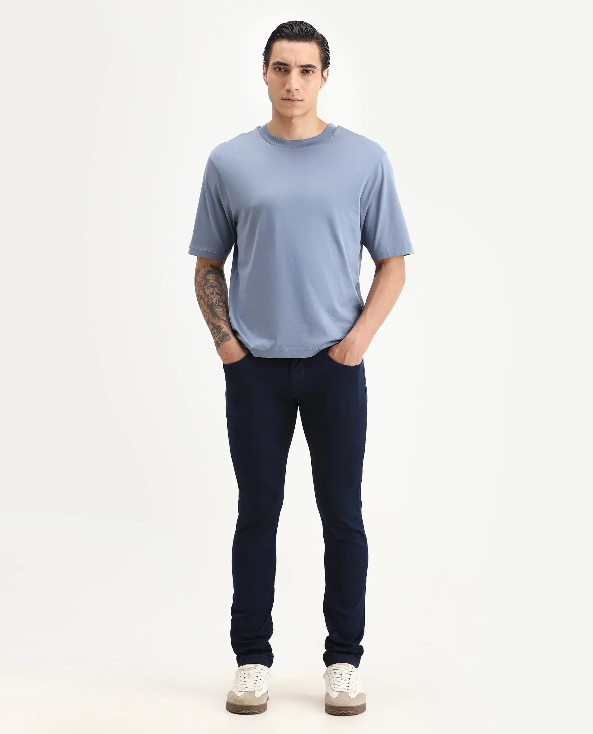 Rare Rabbit Men's Guild Casual Barcelon Dusky Blue Cotton Plain Oversized Fit Half Sleeve Crew Neck T-Shirt - Image 2