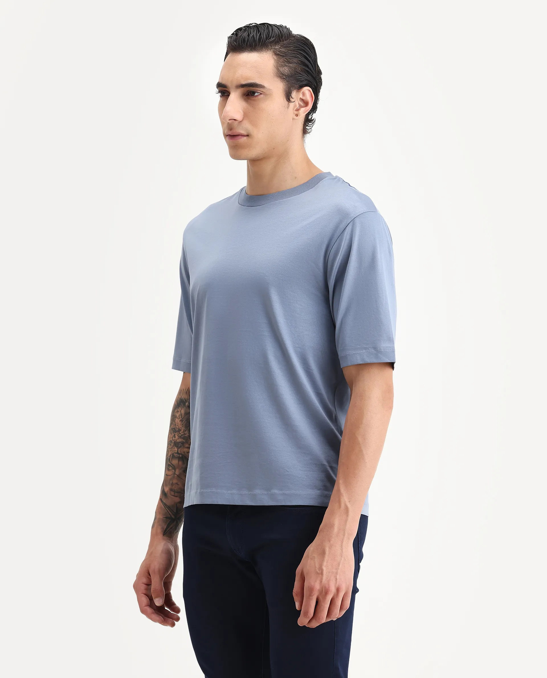 Rare Rabbit Men's Guild Casual Barcelon Dusky Blue Cotton Plain Oversized Fit Half Sleeve Crew Neck T-Shirt - Image 4