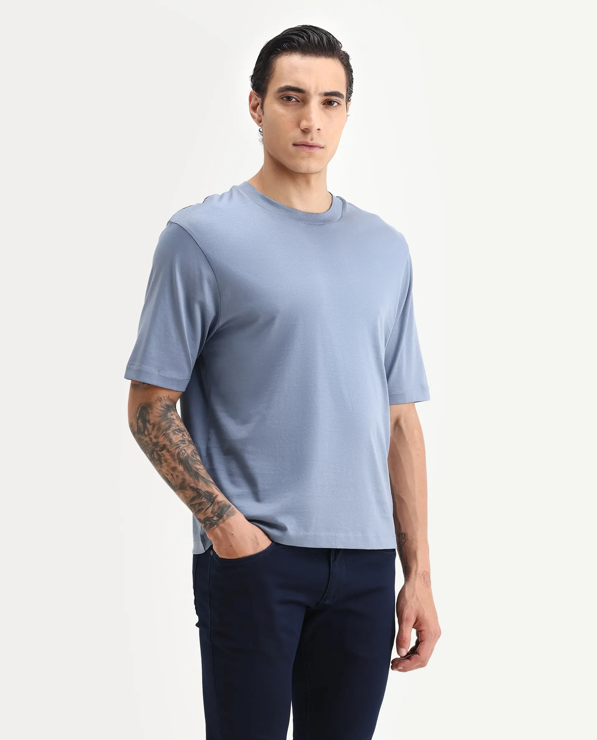 Rare Rabbit Men's Guild Casual Barcelon Dusky Blue Cotton Plain Oversized Fit Half Sleeve Crew Neck T-Shirt - Image 5