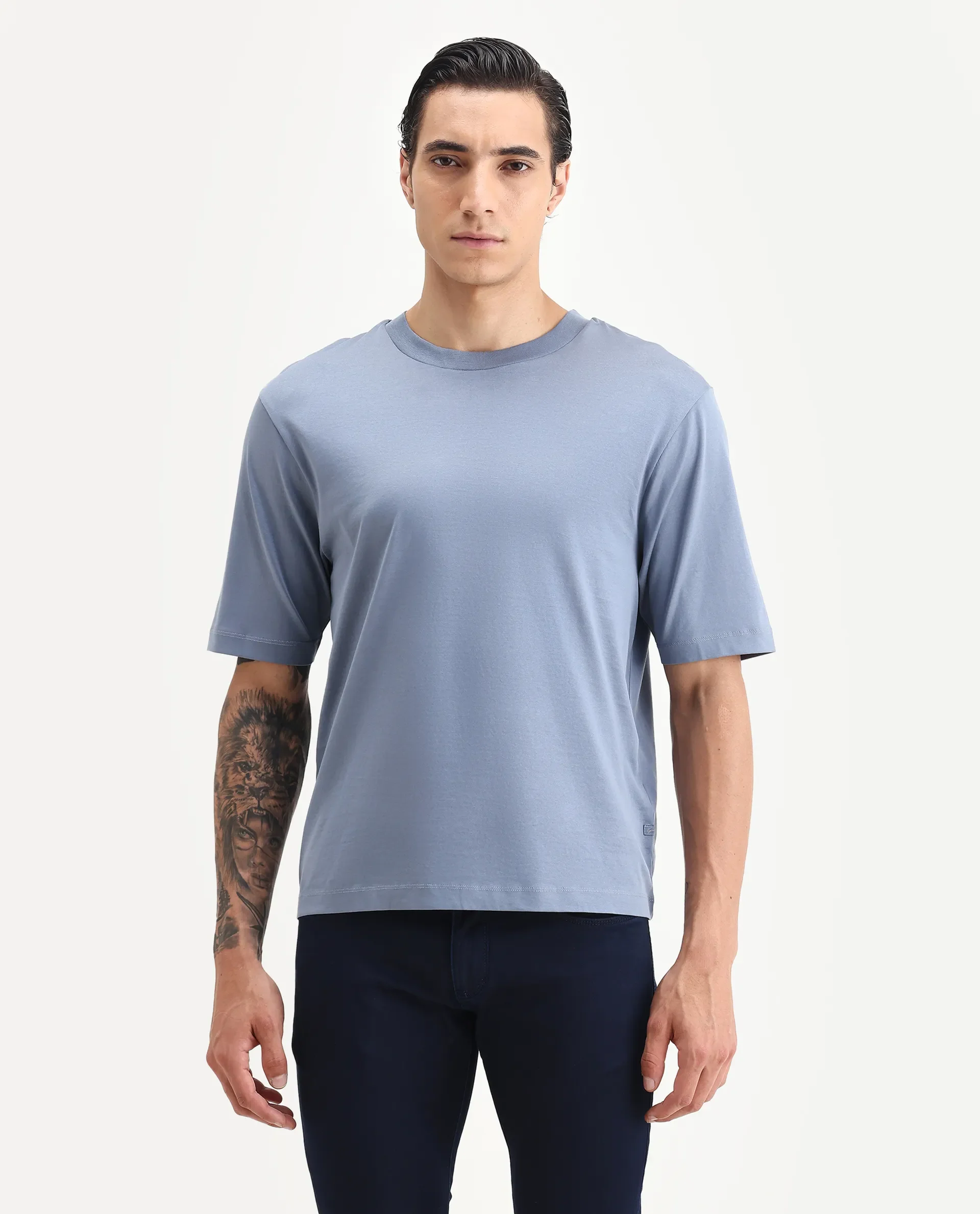 Rare Rabbit Men's Guild Casual Barcelon Dusky Blue Cotton Plain Oversized Fit Half Sleeve Crew Neck T-Shirt - Image 6